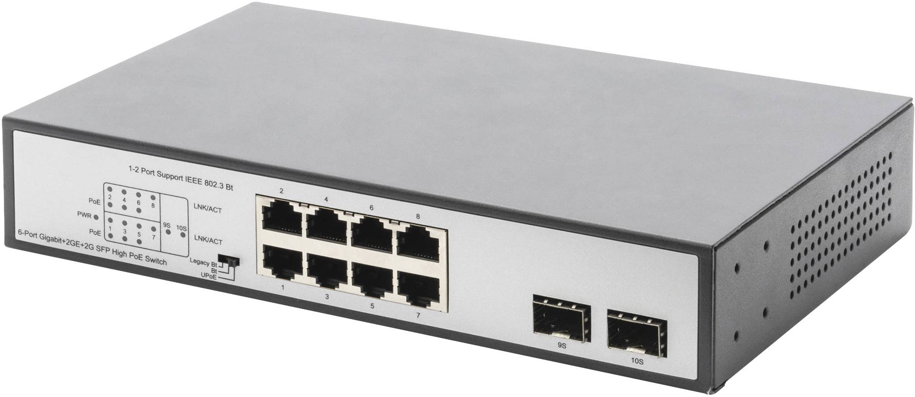 Netzwerk-Switch mit acht Ethernet-Ports und zwei zusätzlichen SFP-Ports auf der Vorderseite, geeignet für IT-Infrastruktur.