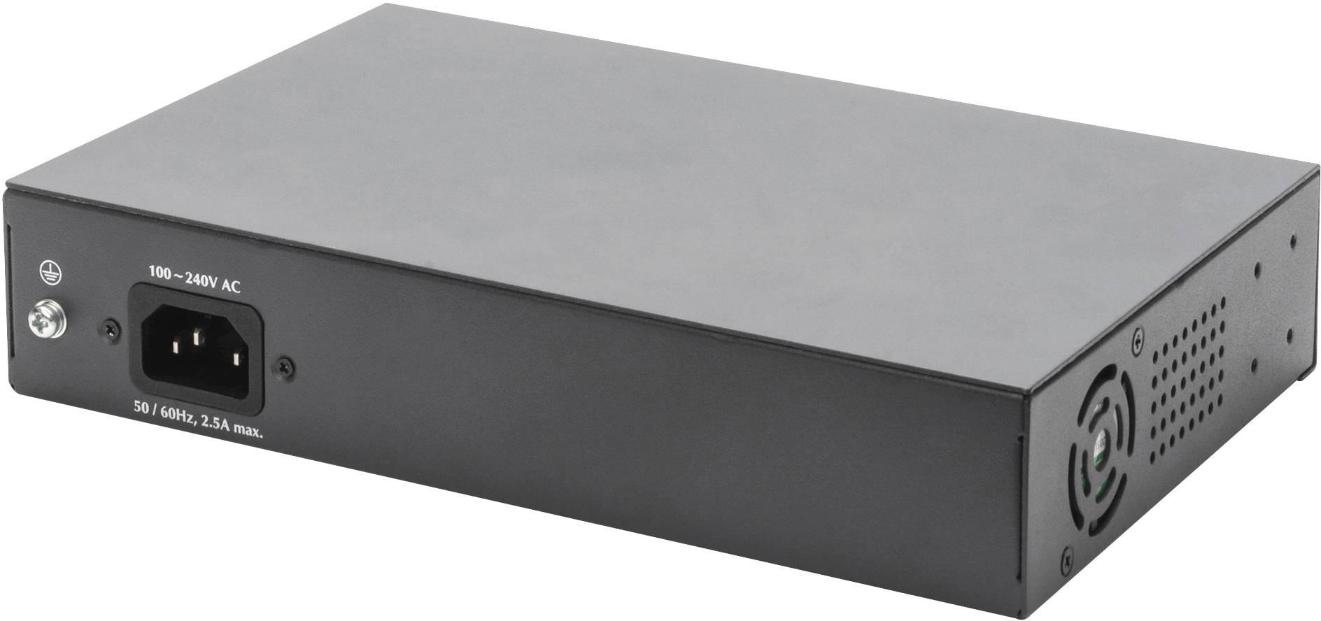 Schwarze, rechteckige Netzteilbox mit Lüftungsschlitzen und Stromanschluss auf der Rückseite, geeignet für 100–240V AC.