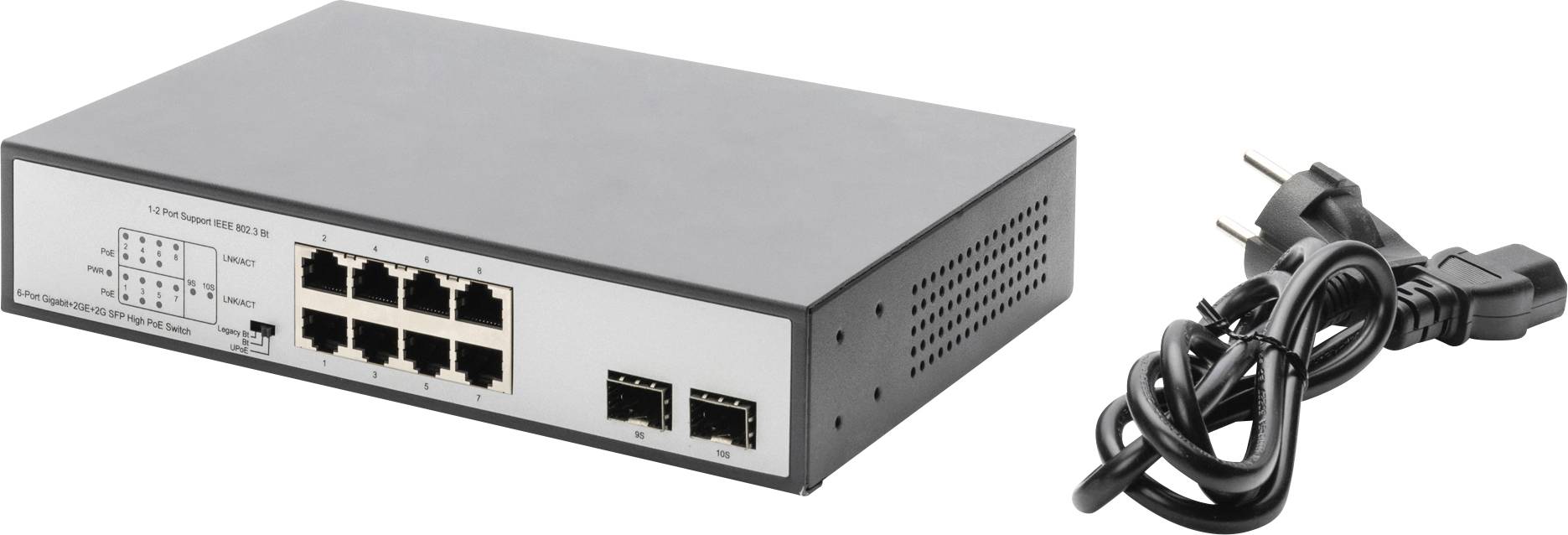 Netzwerkswitch mit acht Ethernet-Ports und zwei Glasfaser-Ports, daneben ein schwarzes Netzkabel.