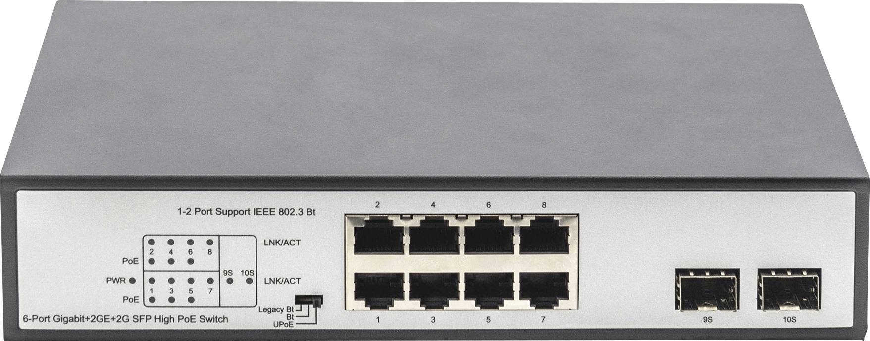 Ein 8-Port-Gigabit-Ethernet-Switch mit zwei SFP-Ports, Modell '5-Port-Gigabit-802.3bt'. Vorderansicht mit Port-LEDs und Beschriftungen.