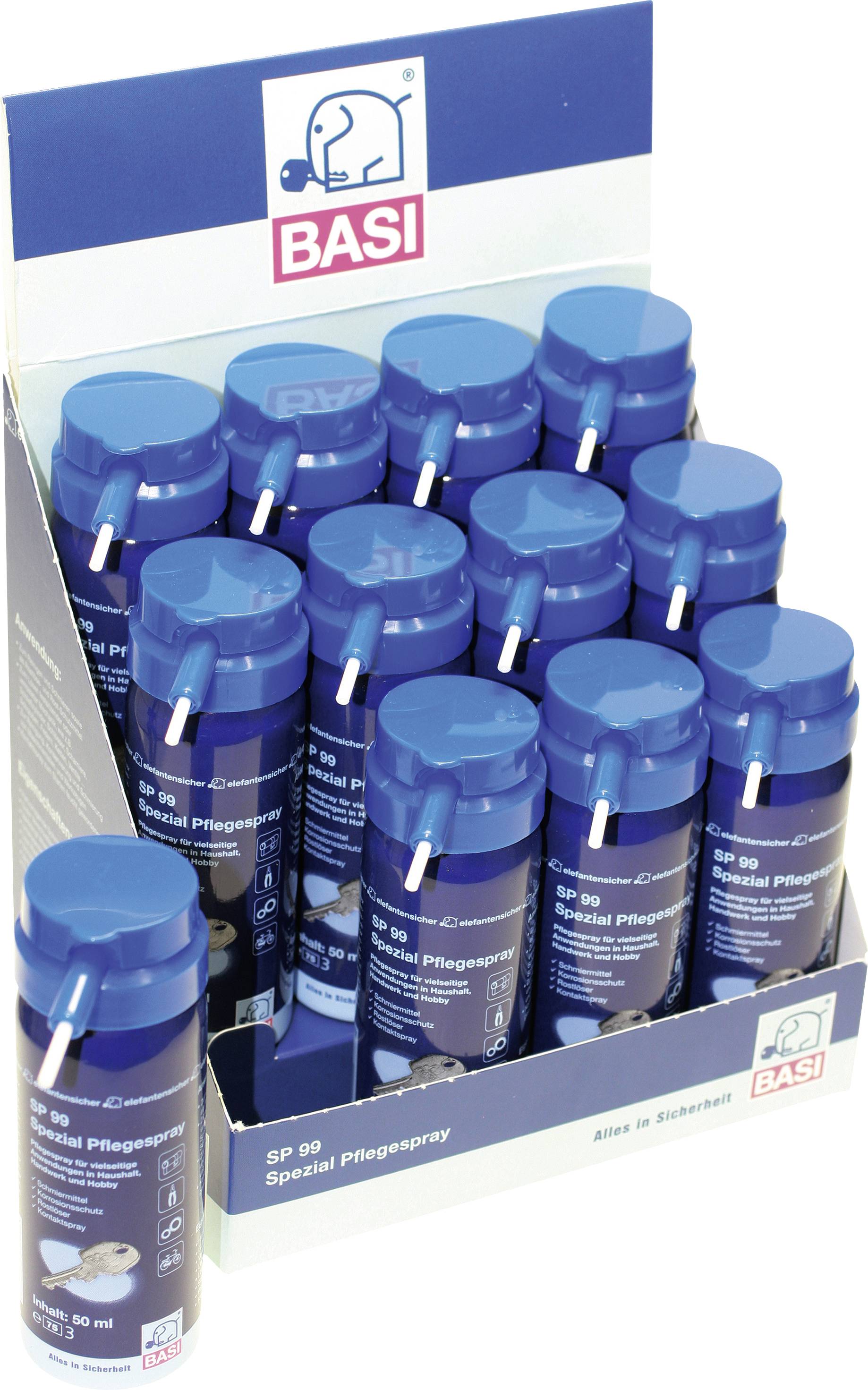 Ausstellungsständer mit mehreren blauen Flaschen 