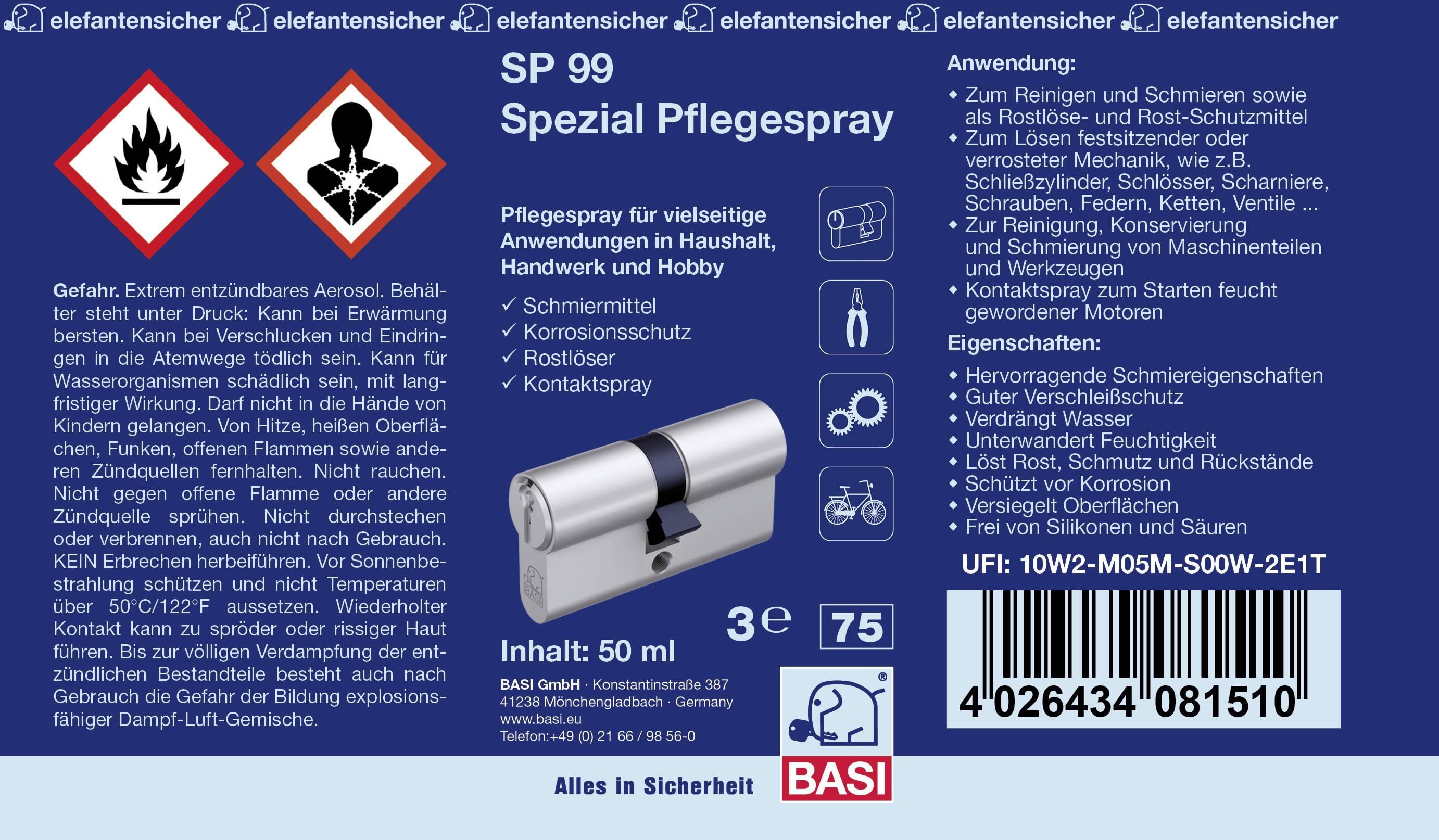 'SP 99 Spezial Pflegespray' Etikett mit Sicherheitshinweisen und Anwendungsmöglichkeiten. Enthält Warnsymbole, 50 ml.
