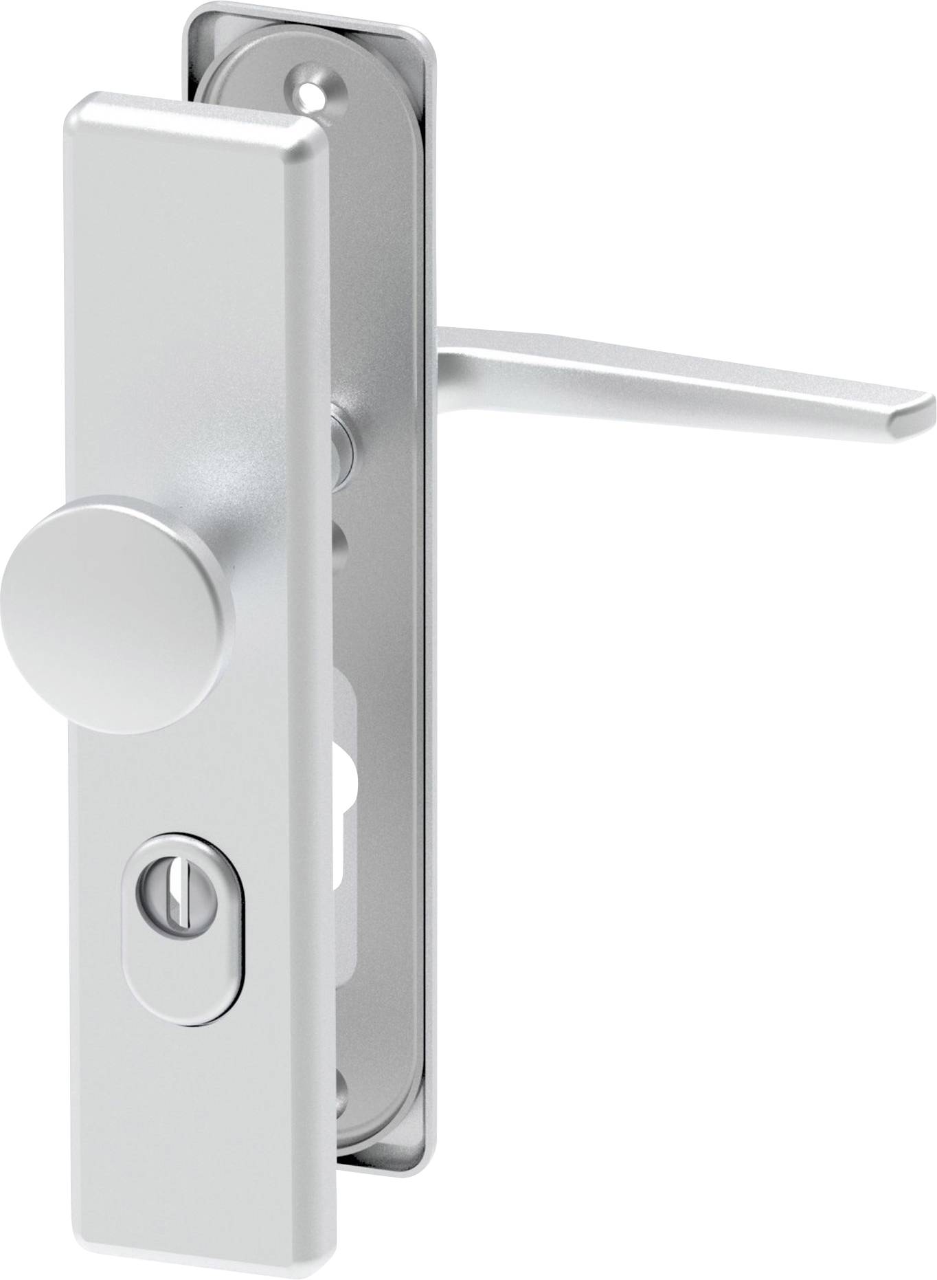 Ein eleganter silberner Türgriff mit Schlossmechanismus, ausgestattet mit einem runden Knauf und rechteckiger Rosette, konzipiert für moderne Türen.