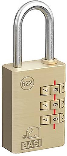 Ein vierstelliges Zahlenschloss aus Metall mit Zahlenrädern und dem Logo 'BASI'.