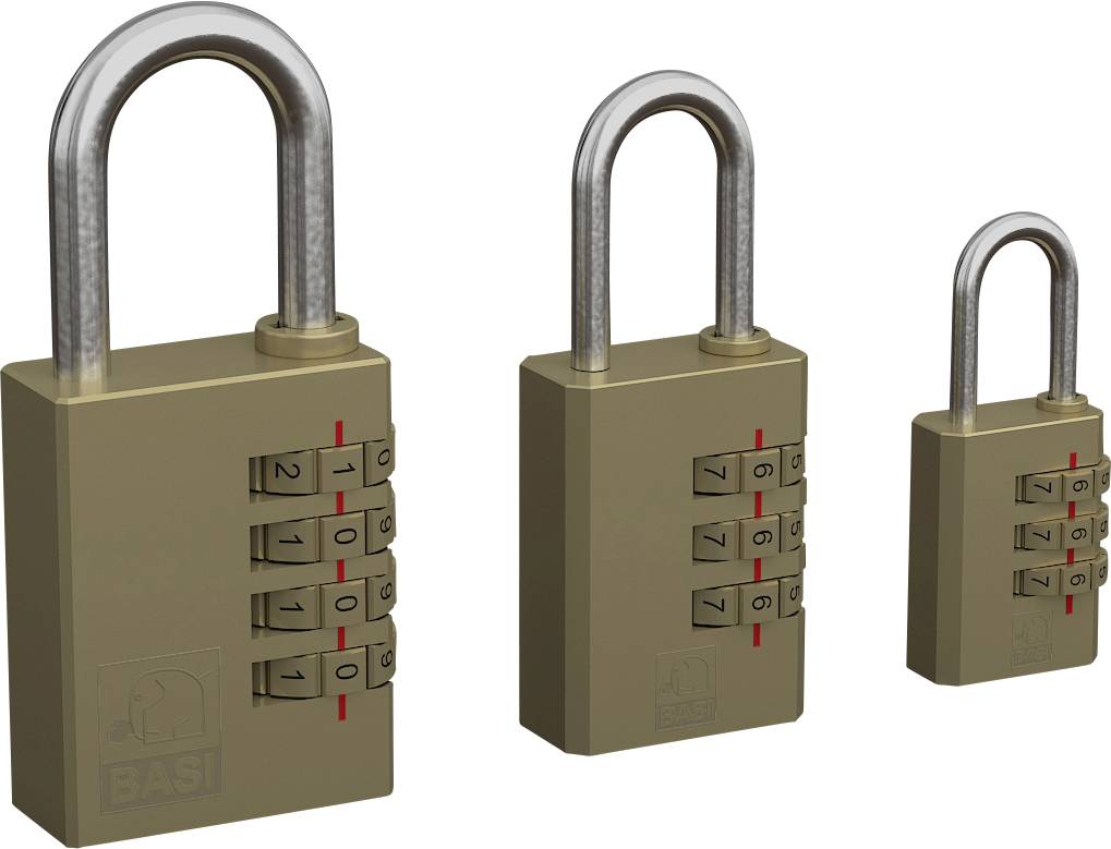 Drei Vorhängeschlösser in verschiedenen Größen, alle mit Zahlenkombination, aus Metall.