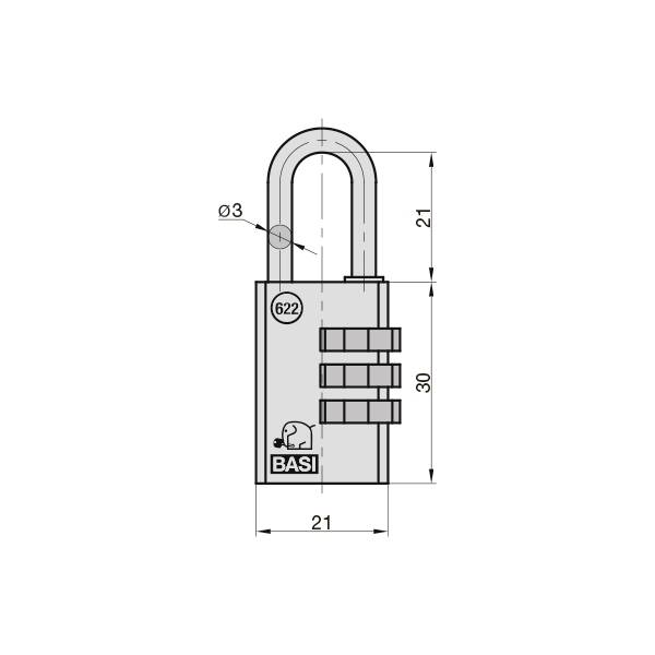 Kombinationsschloss mit drei Zahlenrädern; Maße: 21 mm Breite, 30 mm Höhe. Ideal für Koffersicherung. Marke: BASI.