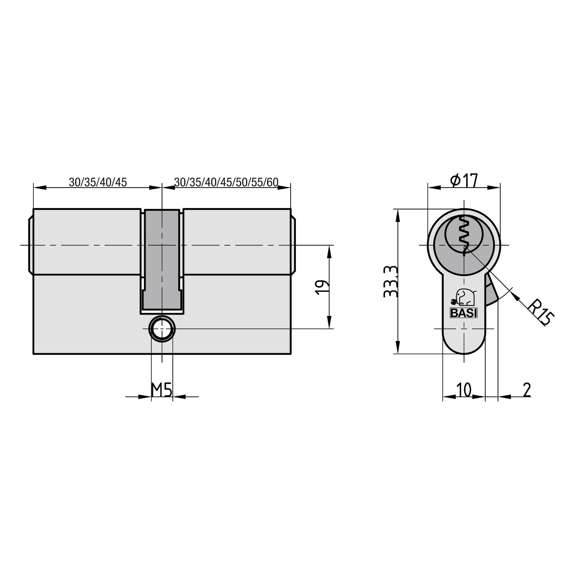 Technische Zeichnung eines Zylinderschlosses mit Abmessungen: 30/35/40/45/50/55/60 mm Länge; 19 mm Höhe; gekennzeichnetes M5-Schrauchloch; Schlüsselloch-Durchmesser 17 mm.