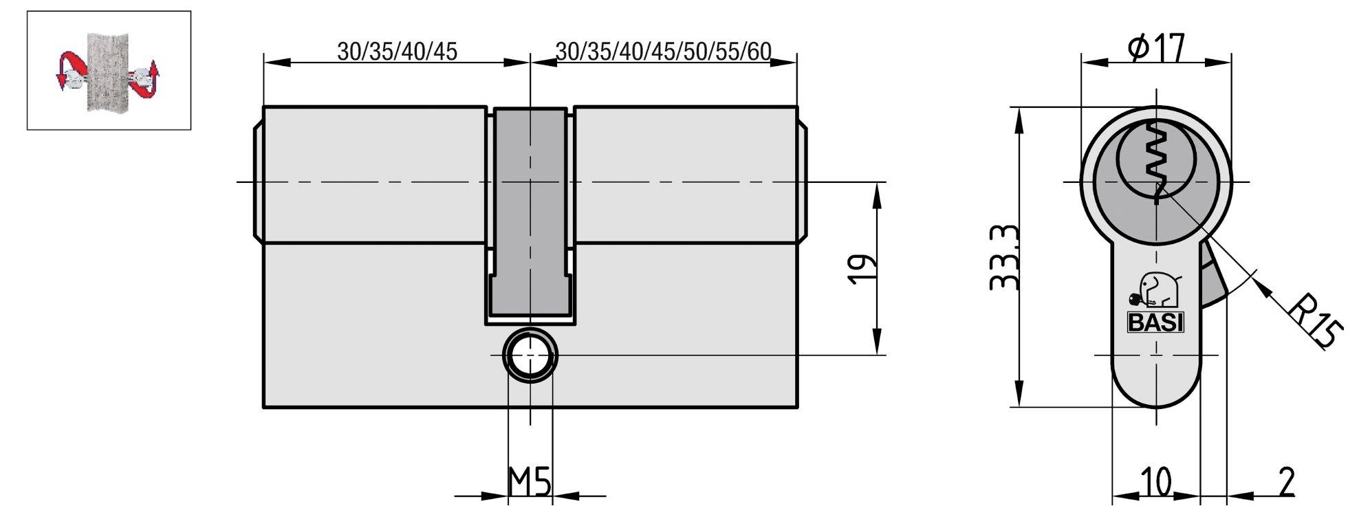 Technisches Schaltbild eines BASI-Schlosszylinders mit präzise beschrifteten Abmessungen: Zylinderlängen 30-60 mm, Durchmesser 17 mm, Höhe 33,3 mm.
