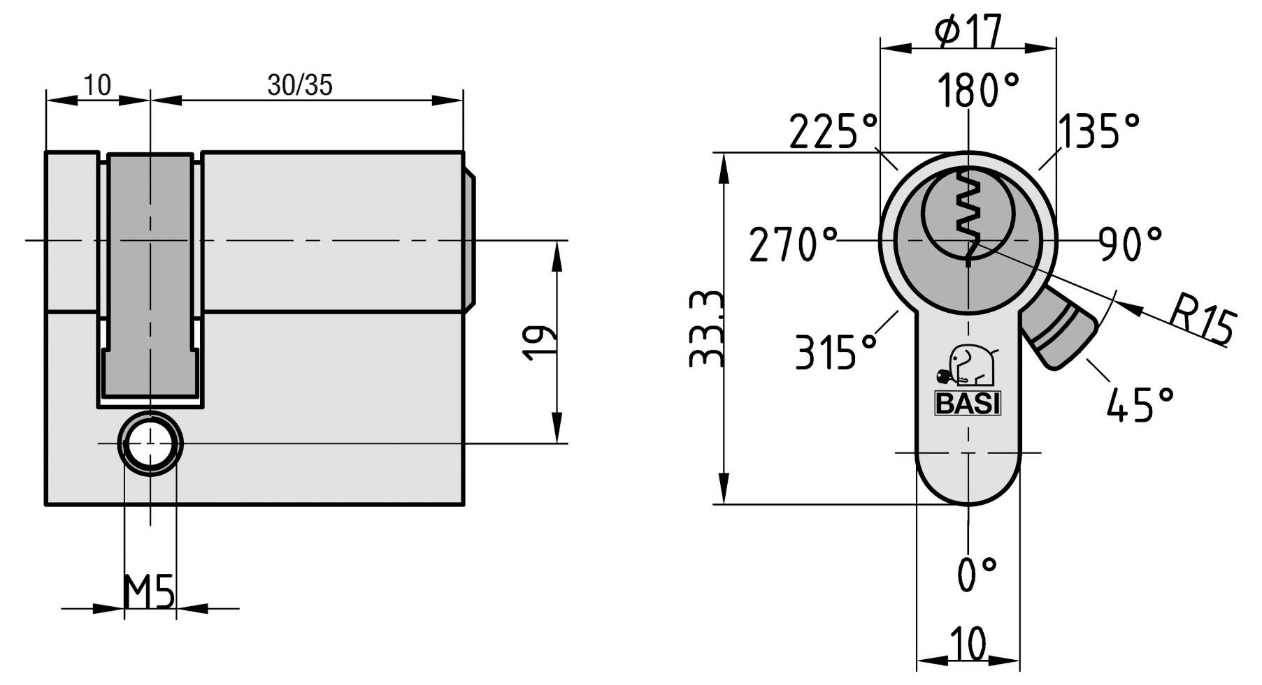 Technisches Schaltplandiagramm für Zylinderschloss mit Abmessungen: 30/35 Höhe, 19 Breite, M5-Gewinde. Zeigt Schlüsseldrehwinkel und BASI-Logo.