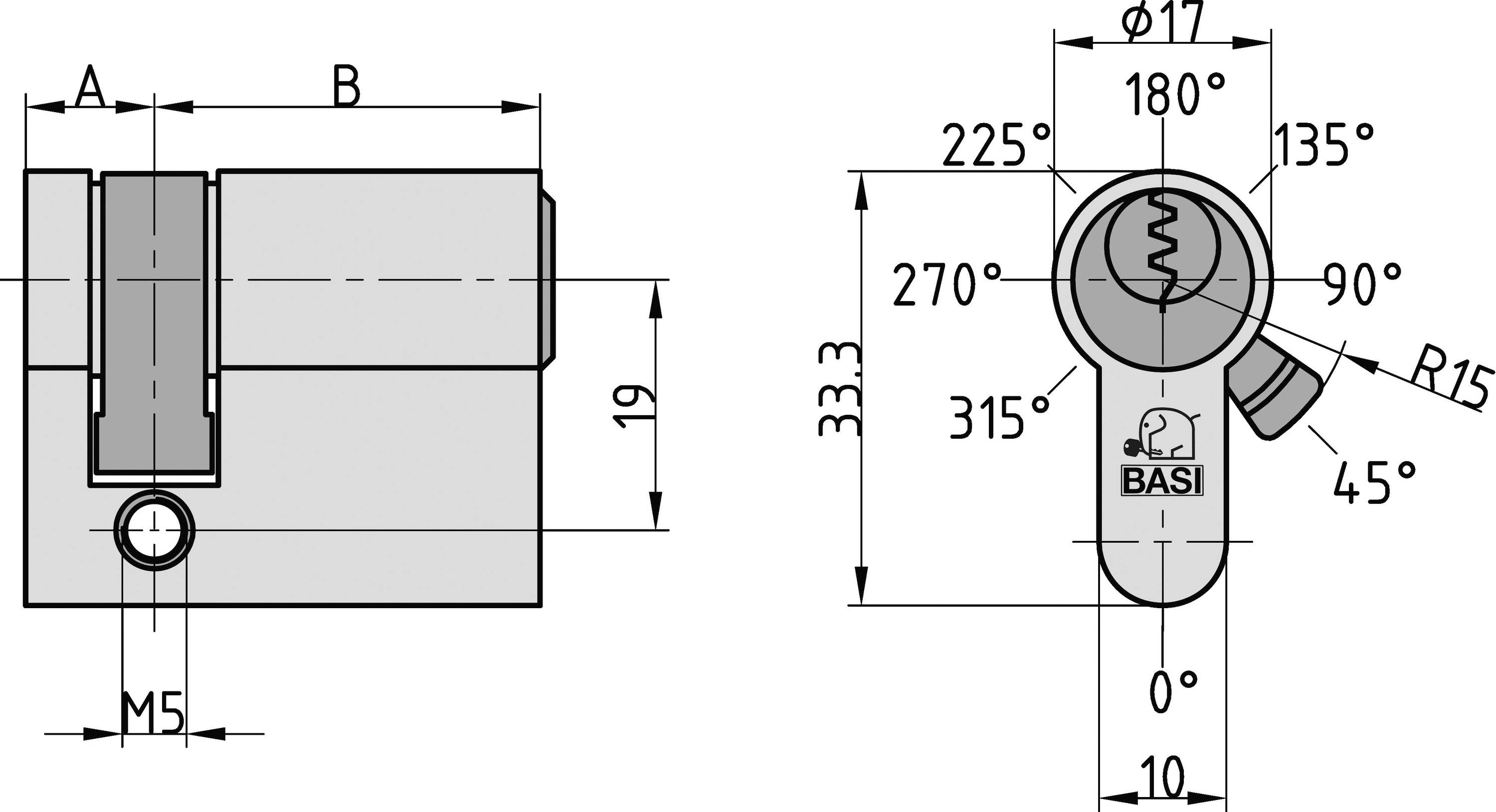 Technische Zeichnung eines Profilzylinders mit Maßen: Länge A und B, sowie Drehwinkel des Schlüssels. Markenlogo Basi sichtbar.