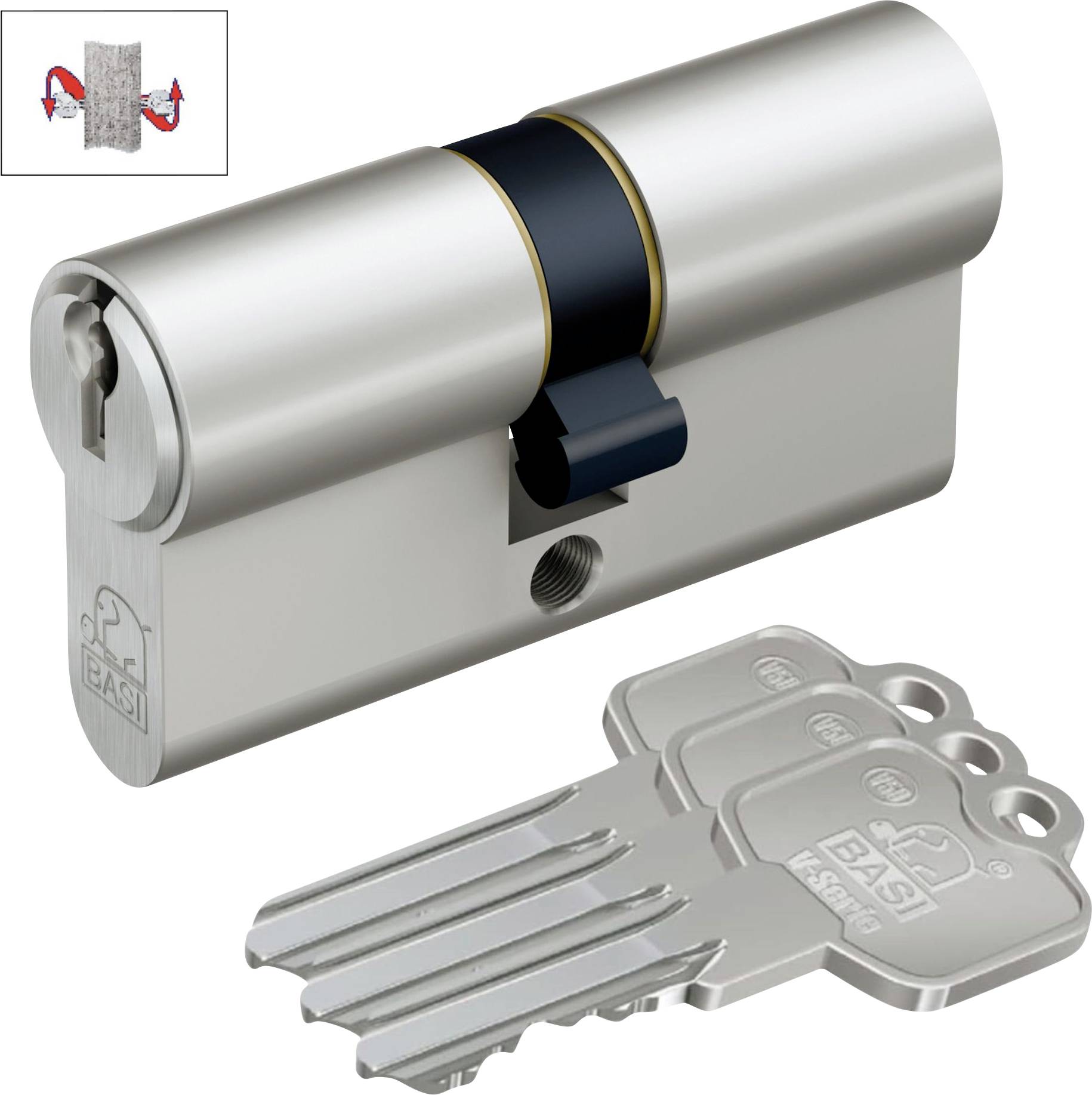 Ein silberner Zylinderschloss mit einem angehängten Set von zwei passenden Schlüsseln, die Sicherheitsmerkmale zeigen. Ein Symbol deutet auf Tipps zur Schlossinstallation hin.