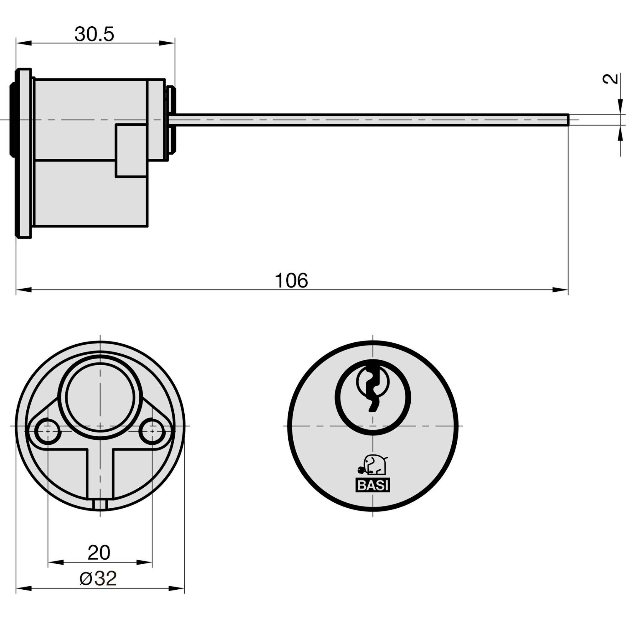 Technische Zeichnung eines Zylinderschlosses mit Seiten- und Draufsicht. Abmessungen sind 30,5 mm Tiefe, 20 mm Durchmesser und 106 mm Gesamtlänge.
