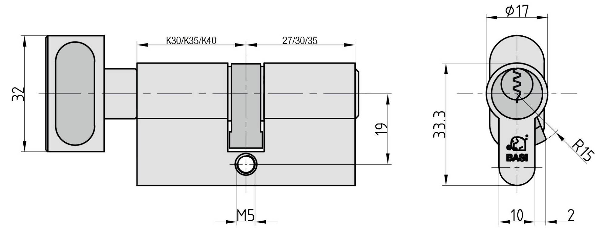 „Technisches Schaltschema eines mechanischen Schlosszylinders mit Abmessungen: 32 mm Höhe, 33,3 mm Breite, M5-Schraubengröße, Schlüssellochdetail, BAGI-Logo.