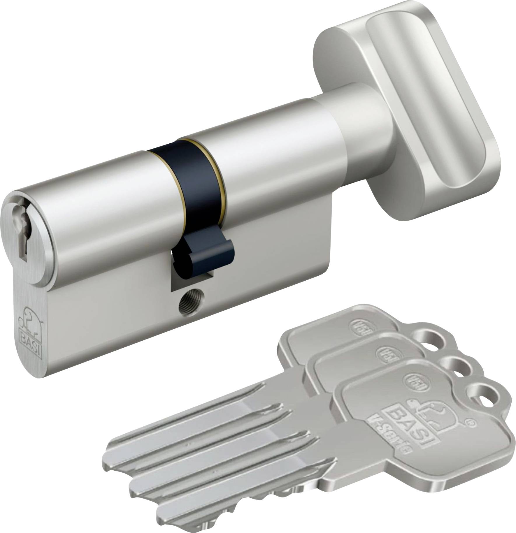 Ein silberner Schlosszylinder mit integriertem Schlüsselloch, daneben drei passende silberne Schlüssel nebeneinander.