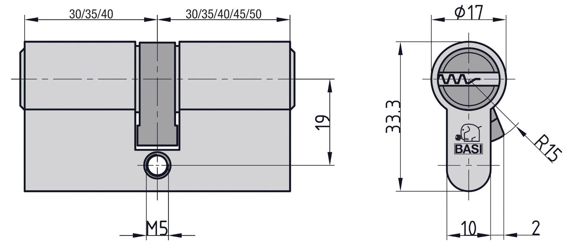 Technisches Diagramm eines Zylinderschlosses mit Abmessungen; gekennzeichnet als BASI. Die Abmessungen umfassen eine Breite von 30/35/40 bis 45/50 und eine Höhe von 19 mm.