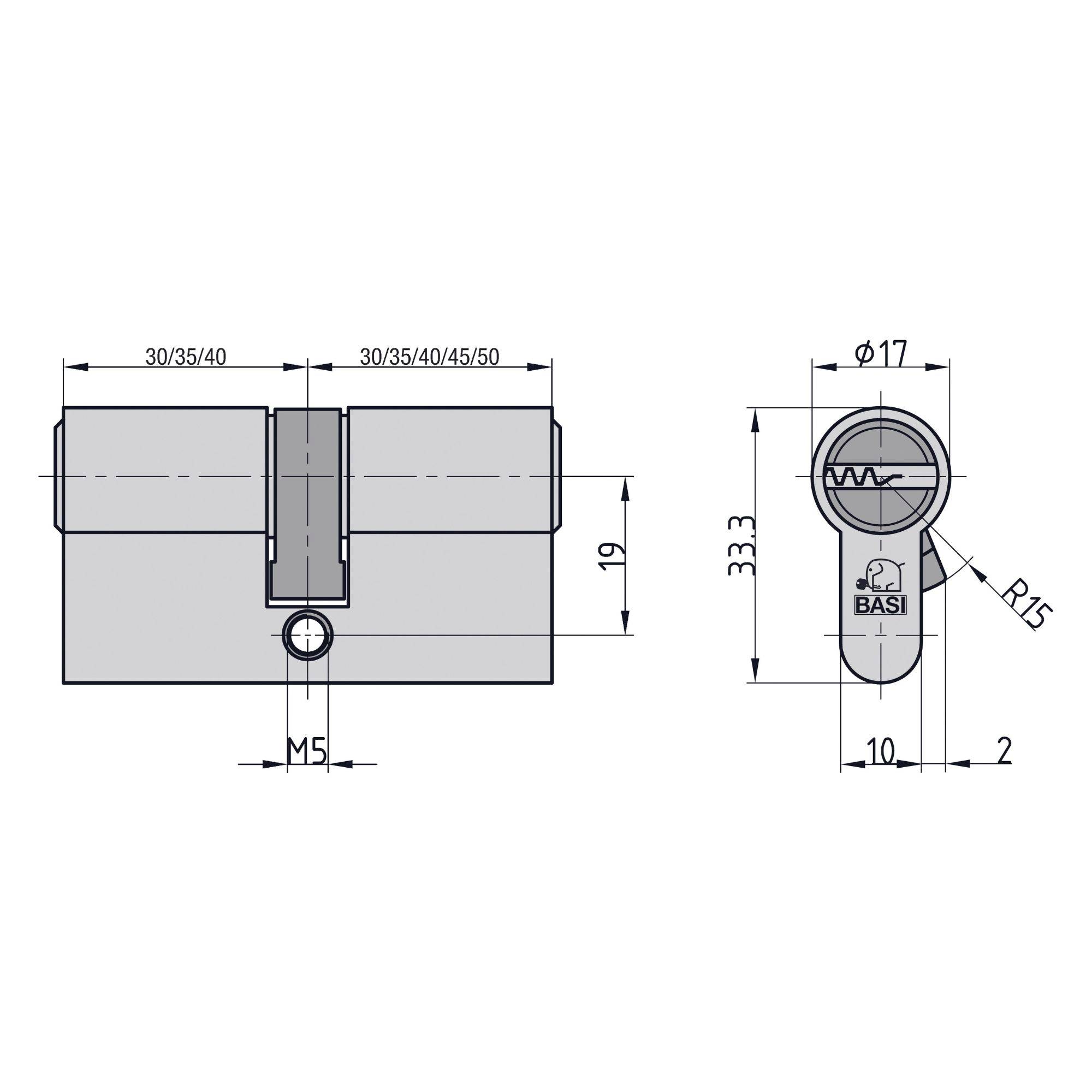 Technische Zeichnung eines Zylinderschlosses mit beschrifteten Maßen: Breite 30/35/40/45/50 mm, Höhe 19 mm, Durchmesser 17 mm, Radius 15 mm.