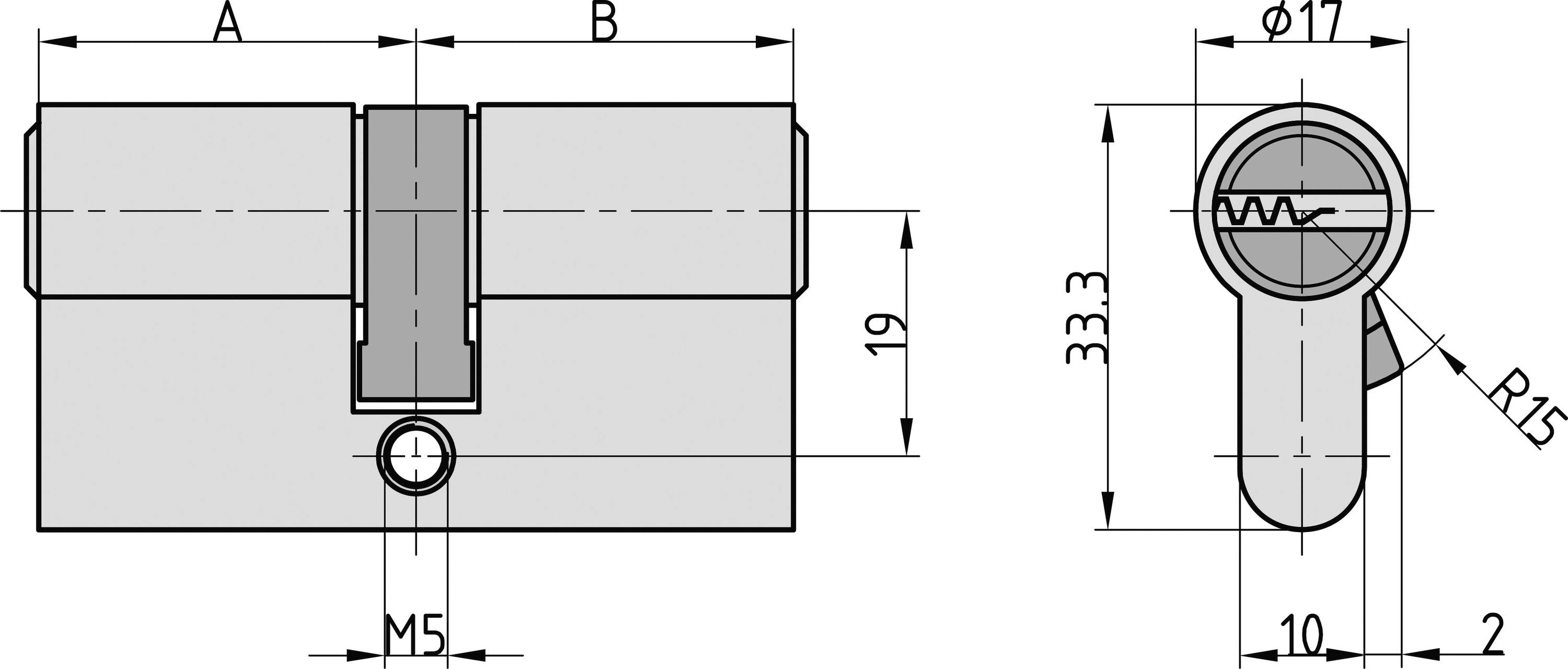 Technische Zeichnung eines Schließzylinders mit Maßen: Breite A+B, Höhe 19 mm, Bohrung M5, Durchmesser 17 mm, Gesamthöhe 33,3 mm.