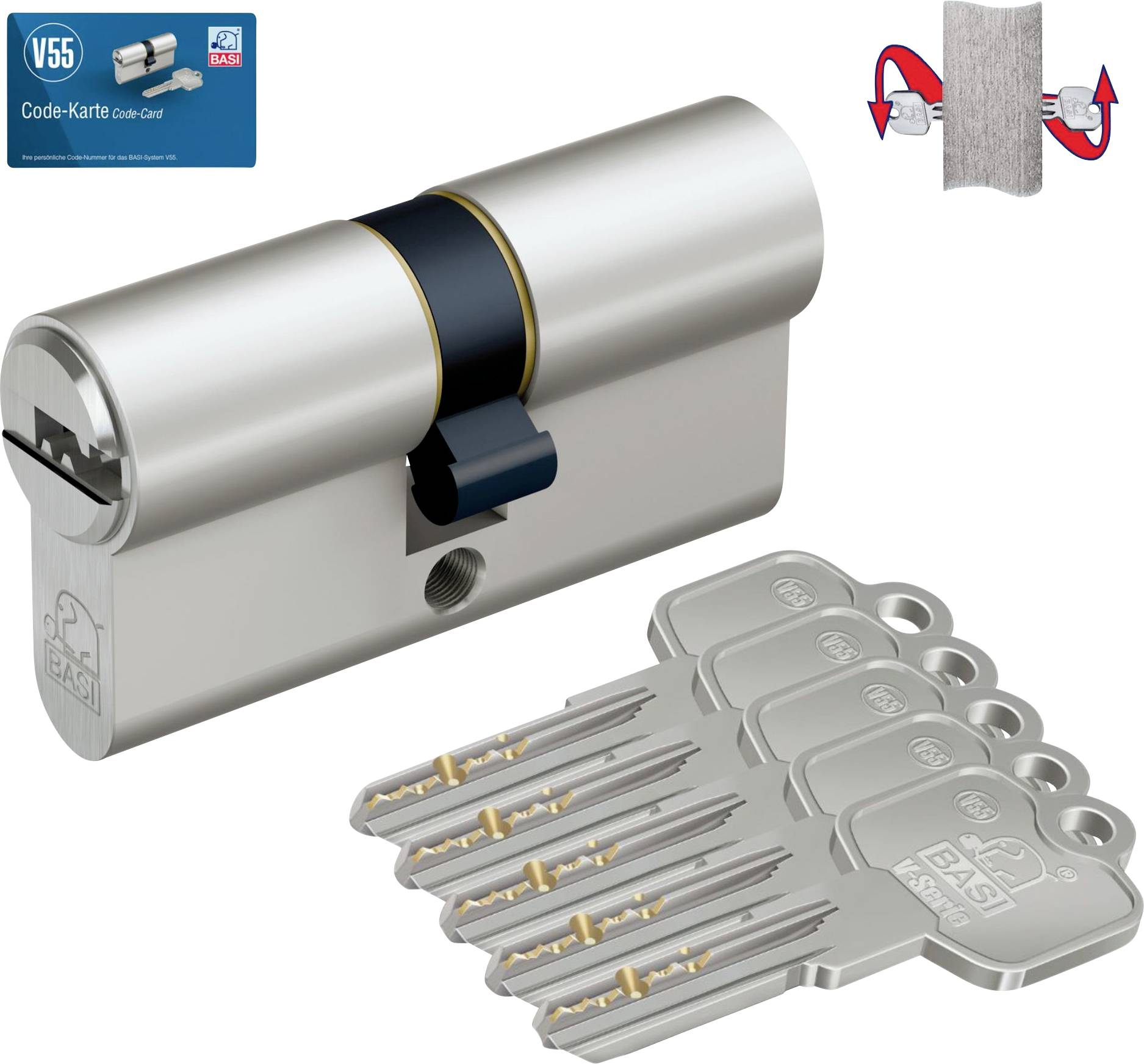 Ein silbernes zylindrisches Schloss mit einer Schlüsseleingangslöchern und vier passenden silbernen Schlüsseln, das einen Schließmechanismus veranschaulicht.