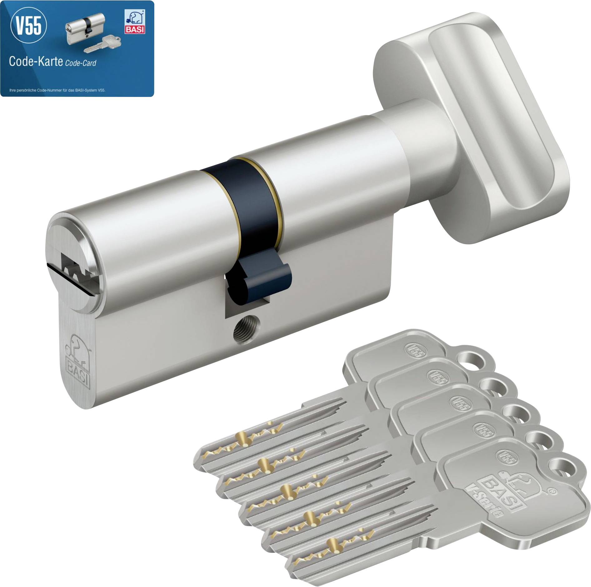 Ein Schlosszylinder mit fünf Schlüsseln und einer Codekarte, die ein Sicherheitssystem darstellen. Der Zylinder ist metallisch mit einem Schlüsselloch.