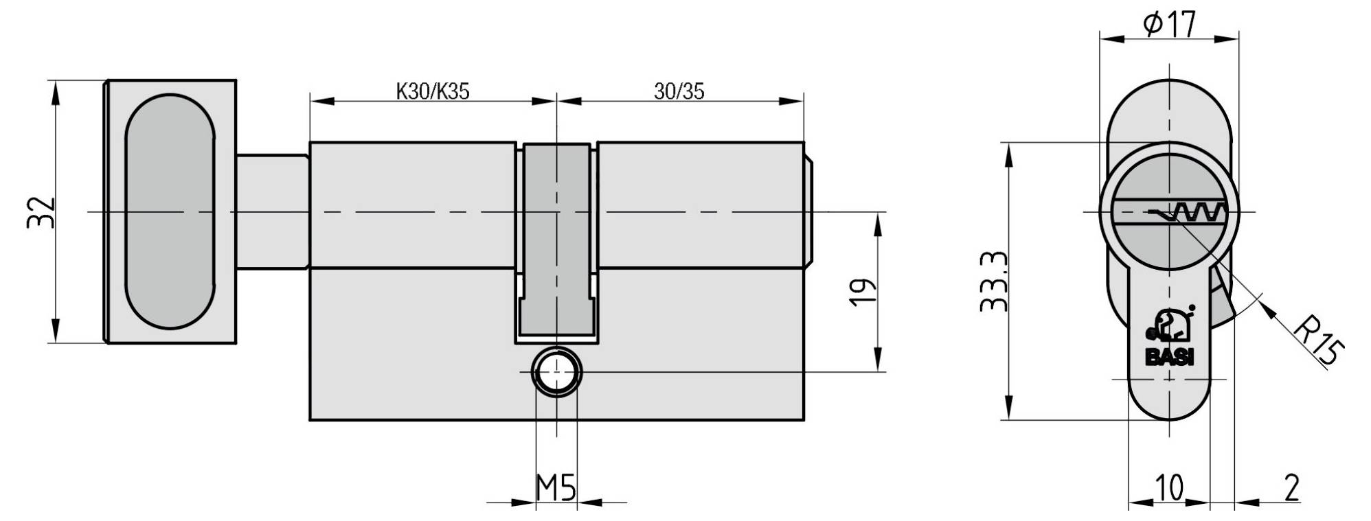 Ein technisches Diagramm eines Zylinderschlosses mit Maßangaben einschließlich Längen 30/35/40/45, Breite 19, Höhe 33,3 und Schlüssellochdetails.