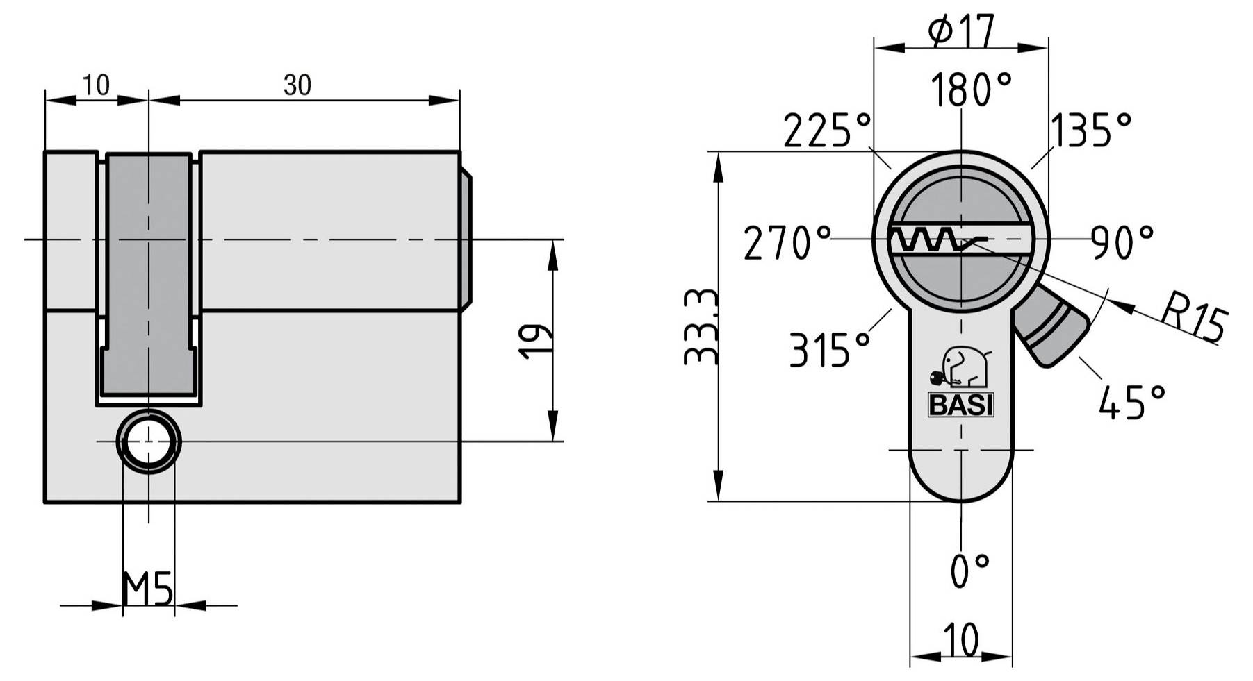 Technisches Schaltbild eines BASI-Türzylinderschlosses. Merkmale umfassen Abmessungen, Rotationswinkel und Illustration des Federmechanismus.