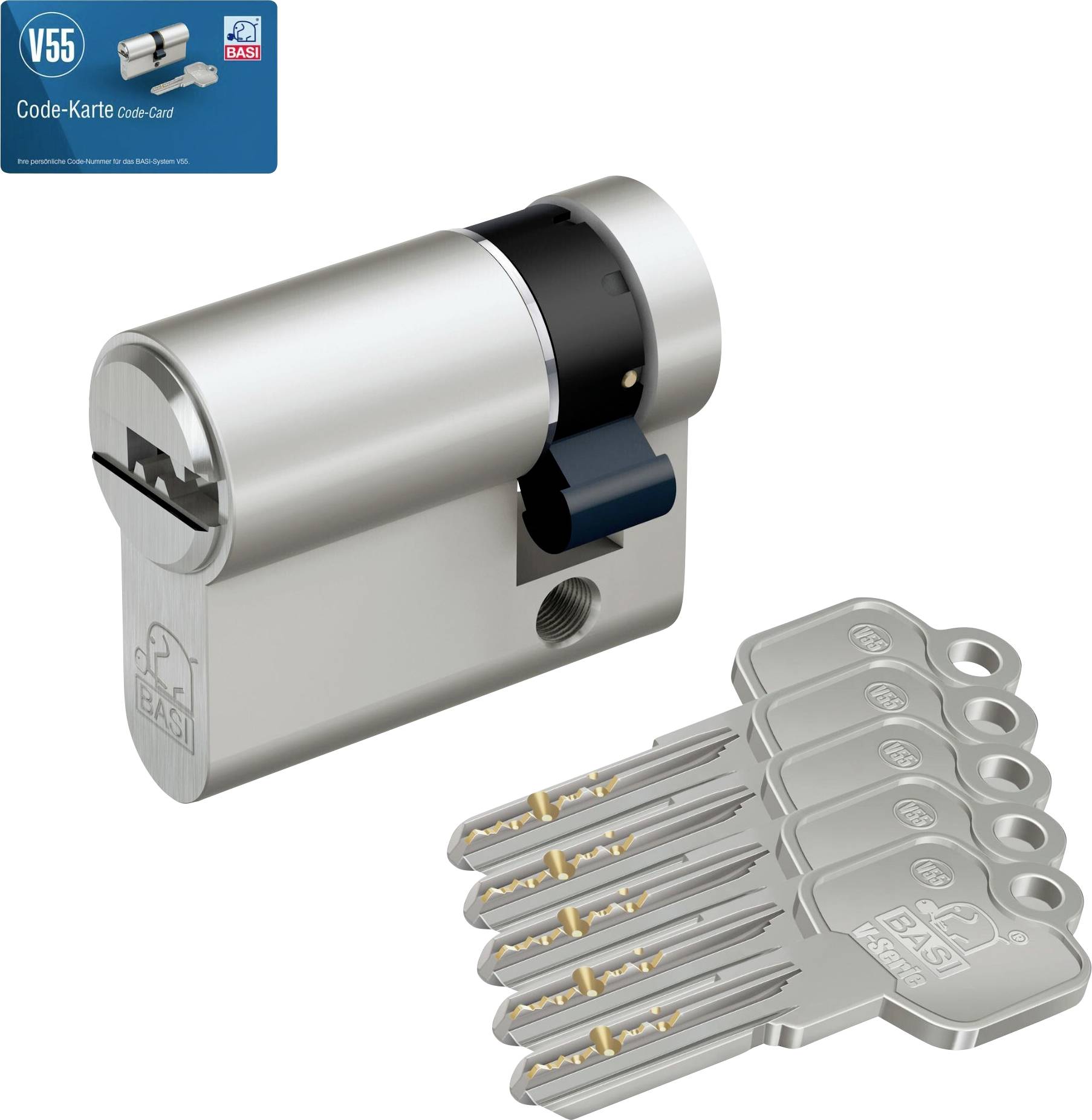 Ein silberner Zylinderschloss mit schwarzem und silbernem Finish, begleitet von fünf identischen silbernen Schlüsseln. Eine V55-Codekarte wird ebenfalls angezeigt.