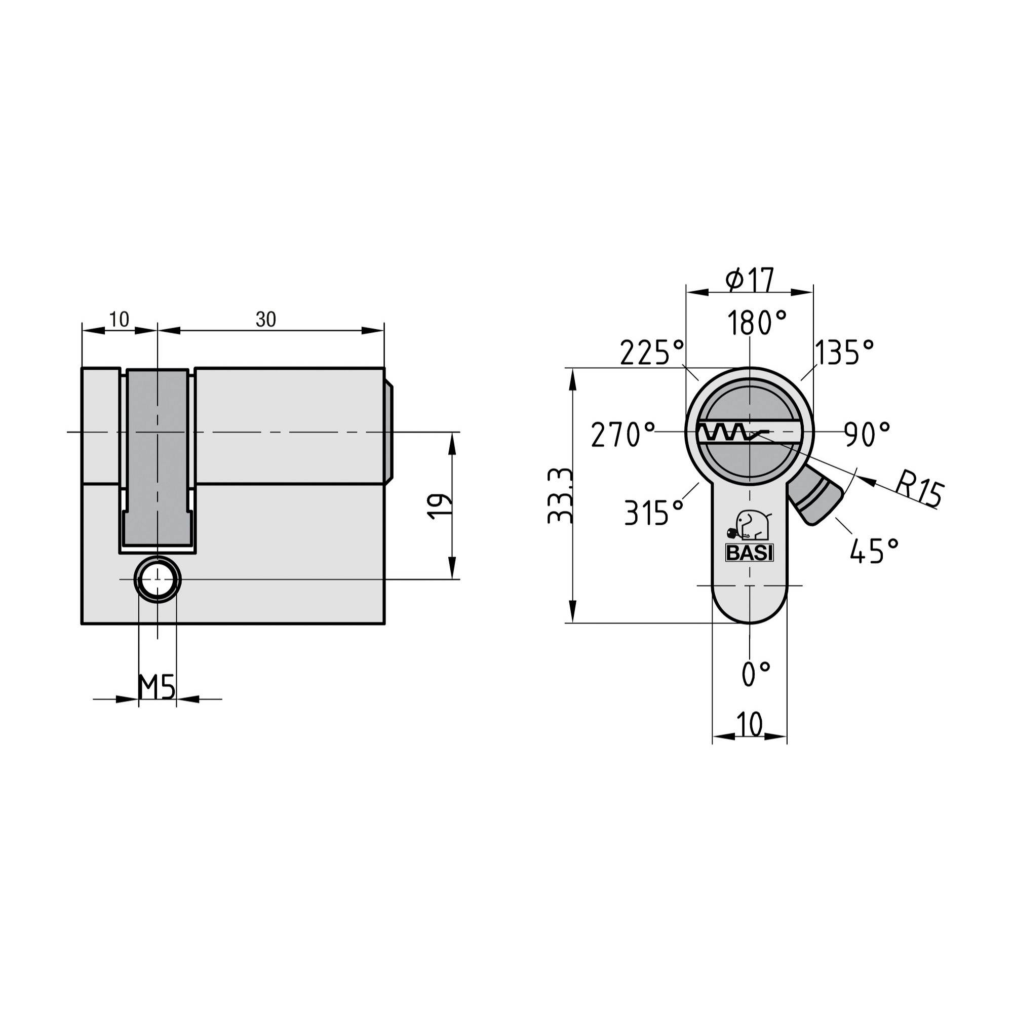 Technische Zeichnung eines BASI-Schließzylinders mit Vorder- und Seitenansicht sowie detaillierten Maßen, einschließlich Winkel und Abmessungen.