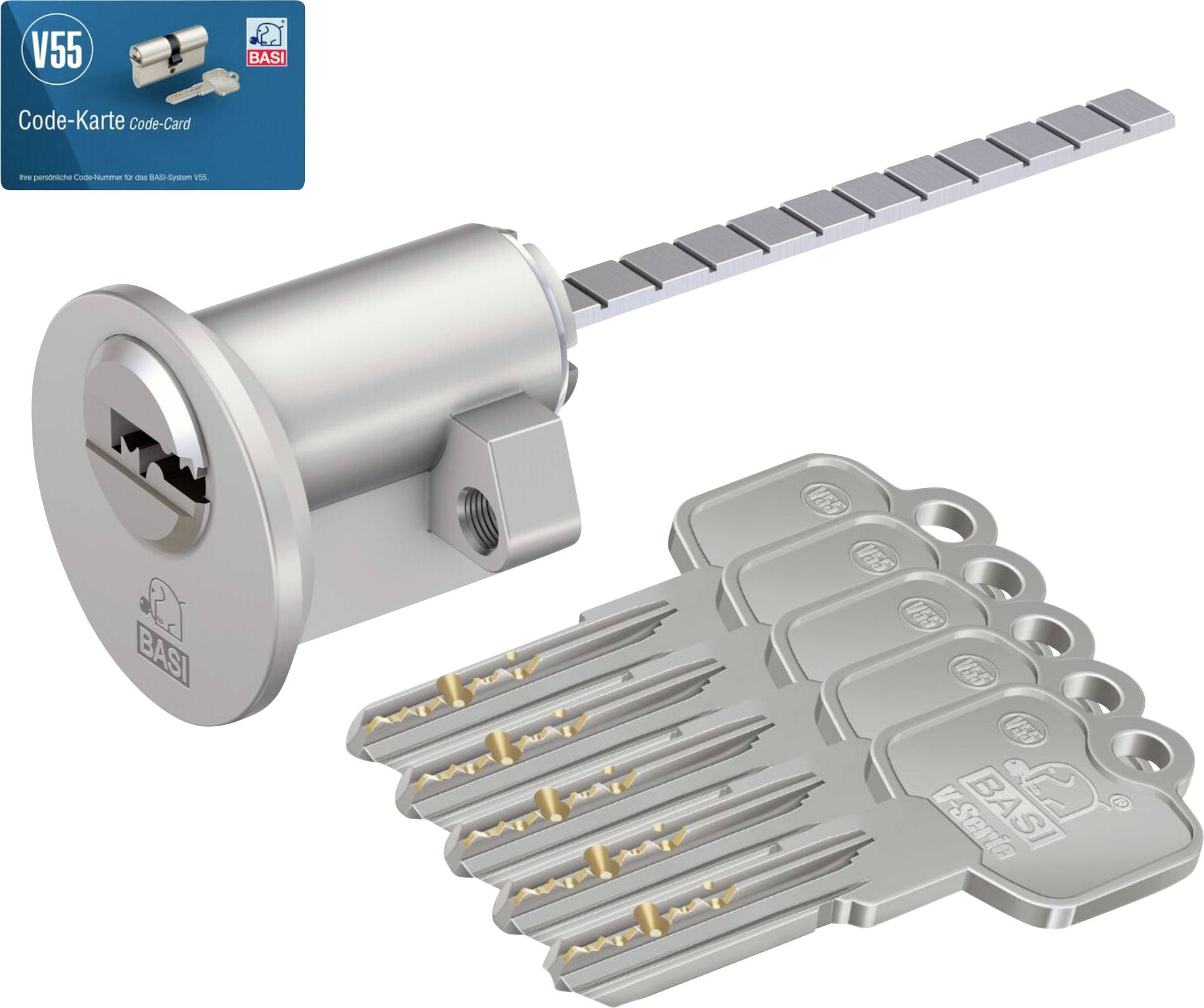 Ein Zylinderschloss mit vier Schlüsseln, das Sicherheitsmerkmale zeigt. Eine „Code-Karte