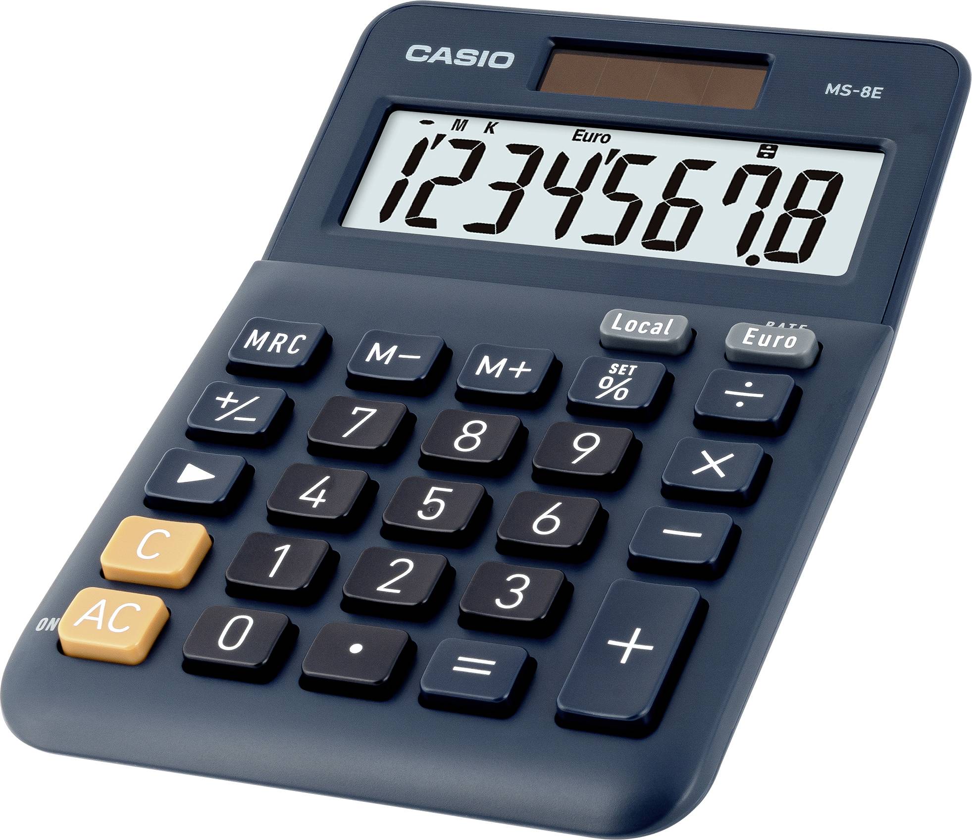 Dunkelgrauer Taschenrechner mit großen Tasten und einem Display, das die Zahlen '12345678' anzeigt. Oben links ist 'CASIO' sichtbar.