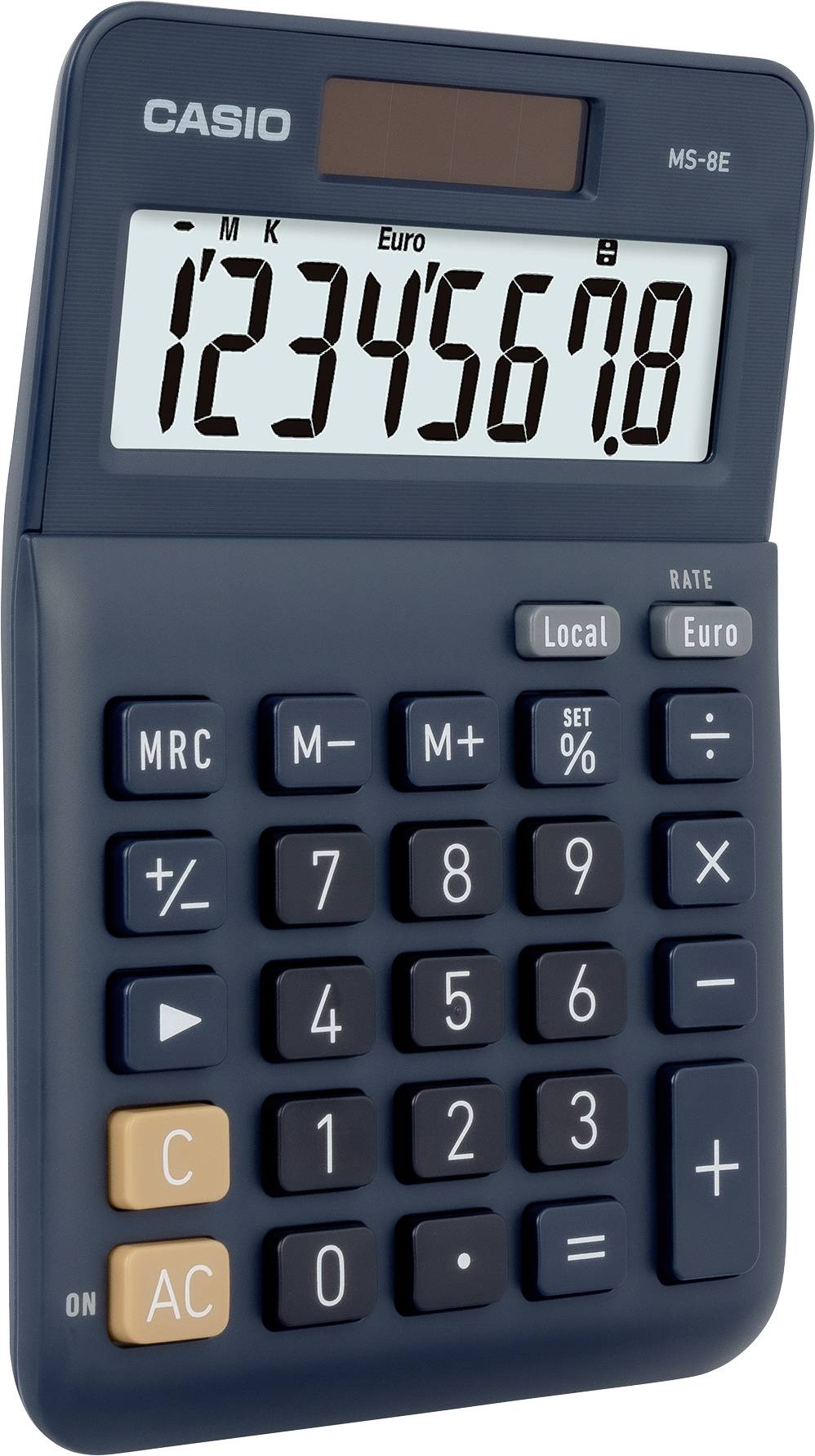 Dunkelblauer Taschenrechner mit großem Display zeigt die Zahl '1234567,8'. Tasten für grundlegende mathematische Funktionen, einschließlich Prozent- und Speicherfunktionen.