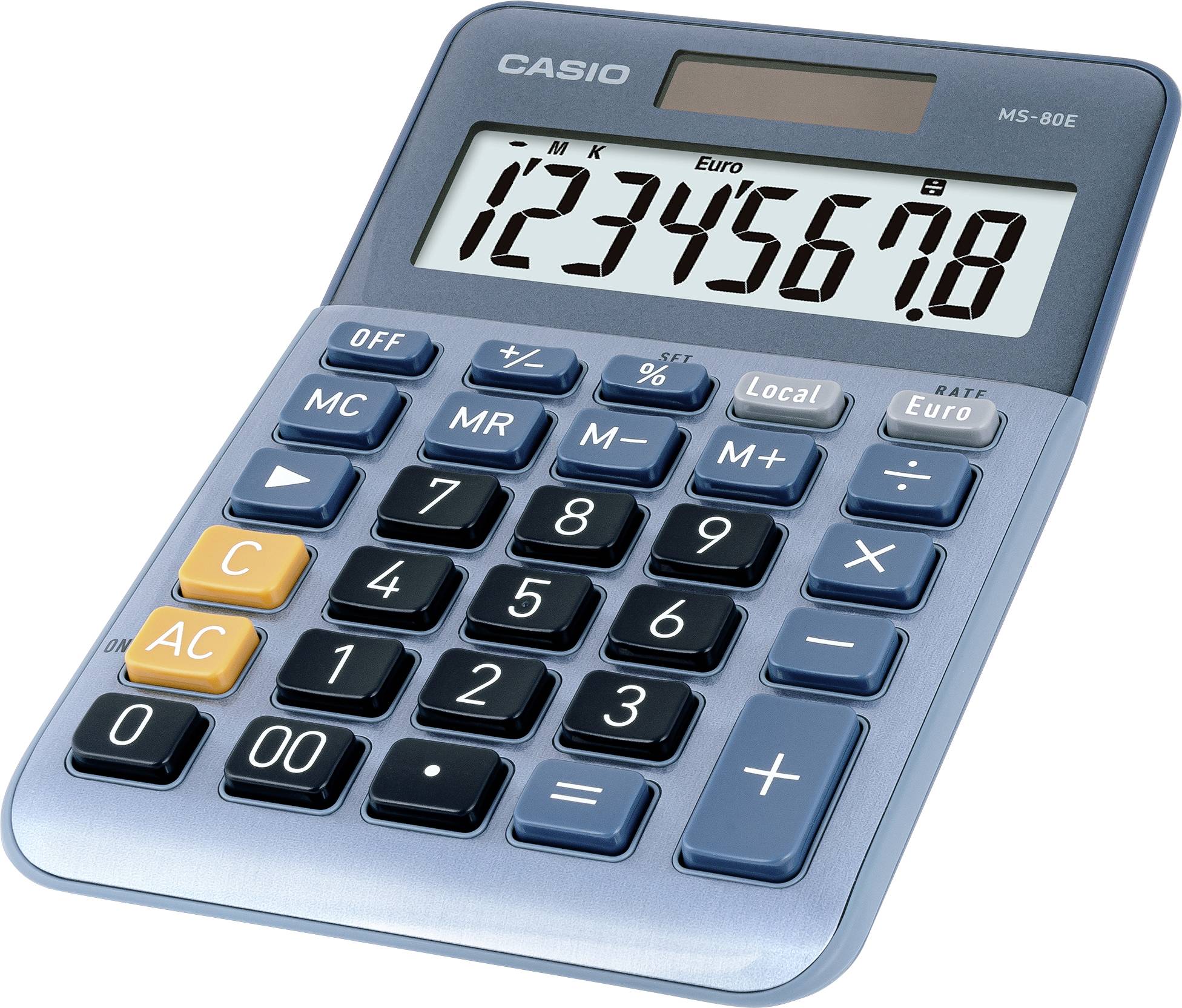 Blauer Taschenrechner mit schwarzem Display, zeigt die Zahlenfolge '12345678'. Der Schriftzug 'Euro' ist über den Ziffern zu sehen.