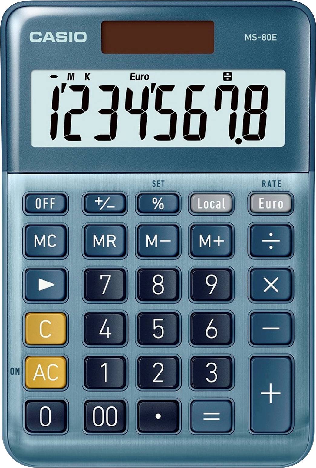 Ein Standard-Taschenrechner mit blauer Hülle zeigt die Zahl 1234567,8 auf dem Display an. Tasten für Grundrechenarten sind sichtbar.