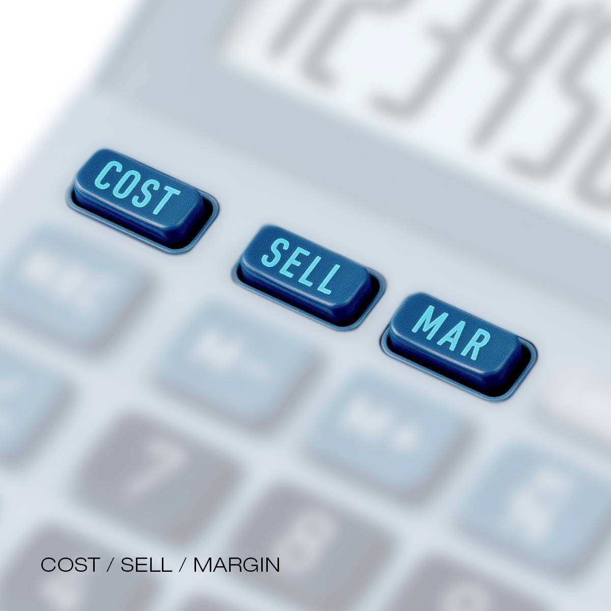 Drei Tasten eines Taschenrechners mit den Aufschriften Cost, Sell und Mar. Fokus auf Finanzberechnungen.
