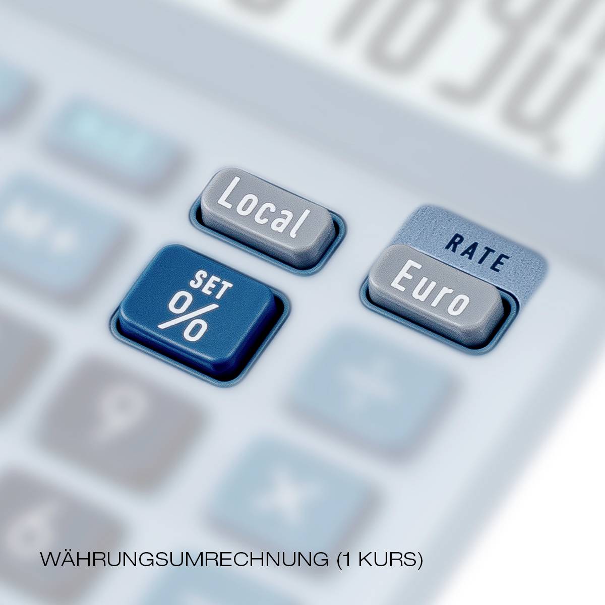 Ein Taschenrechner zeigt Tasten 'Local', 'Euro' und 'Set %'. Fokus auf Währungsumrechnung.