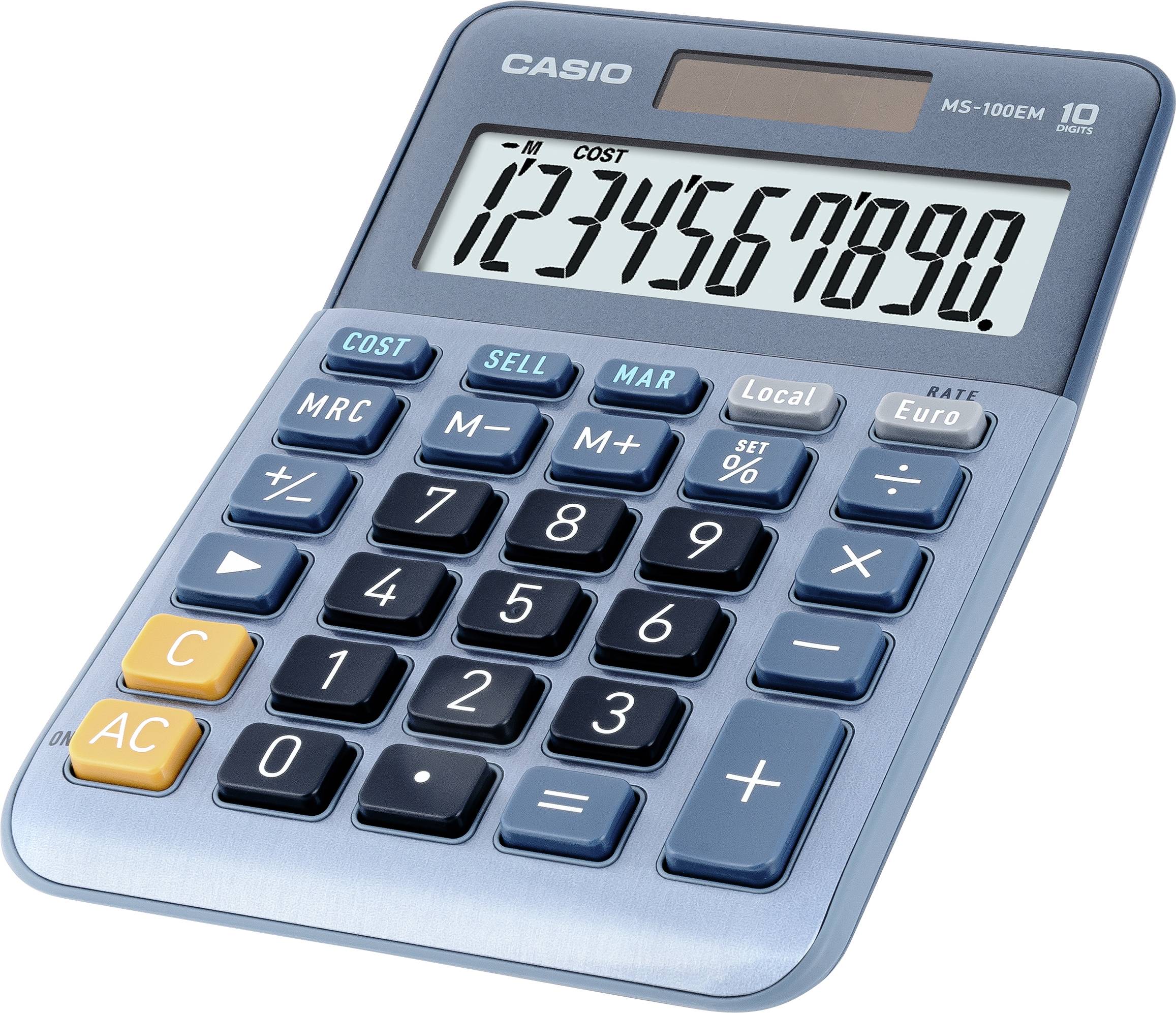 Ein blauer Taschenrechner der Marke Casio, Modell MS-100EM, zeigt auf dem Display die Zahlen '1234567890'.