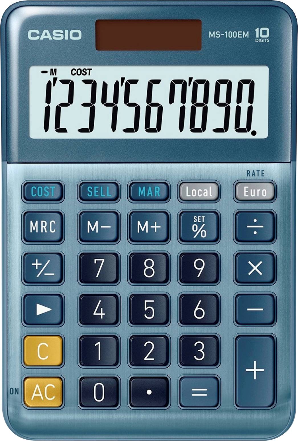 Ein blauer Taschenrechner von Casio zeigt die Zahlen '1234567890' auf dem Display. Tasten für Grundrechenarten und spezielle Funktionen sind sichtbar.