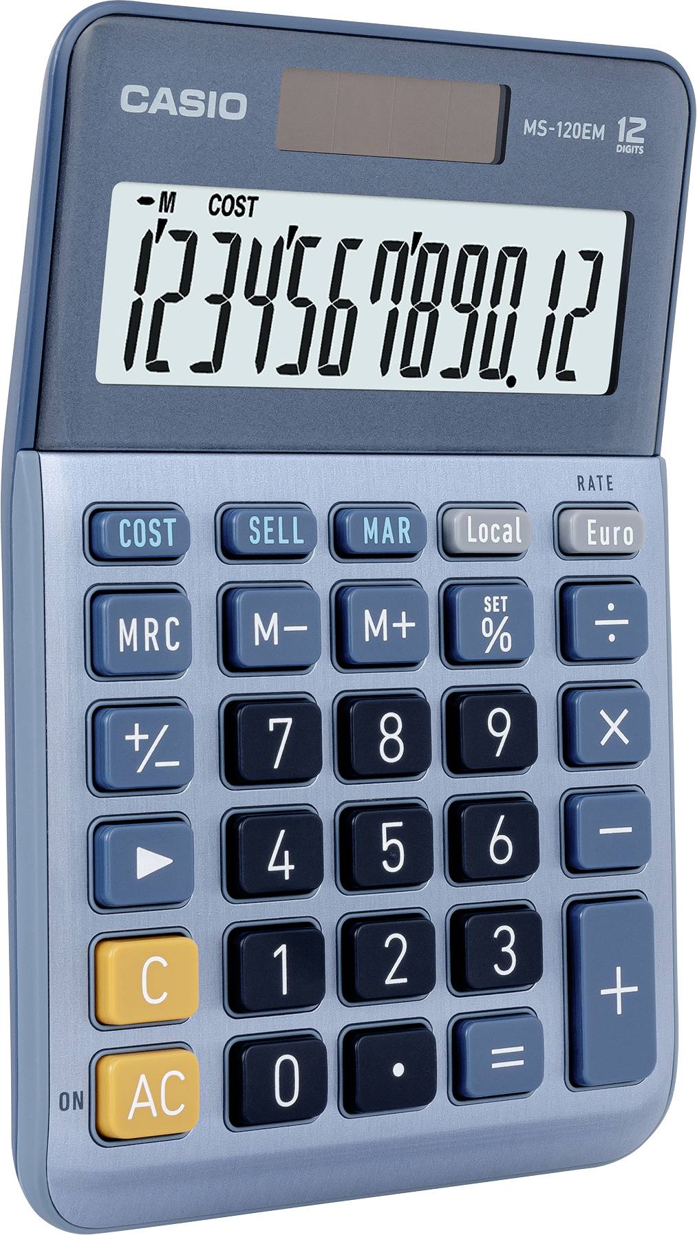 Blauer Taschenrechner mit großem Display, zeigt die Zahlenfolge '1234567890.12'. Tasten für Kostenberechnung, Gewinn, Verkauf.