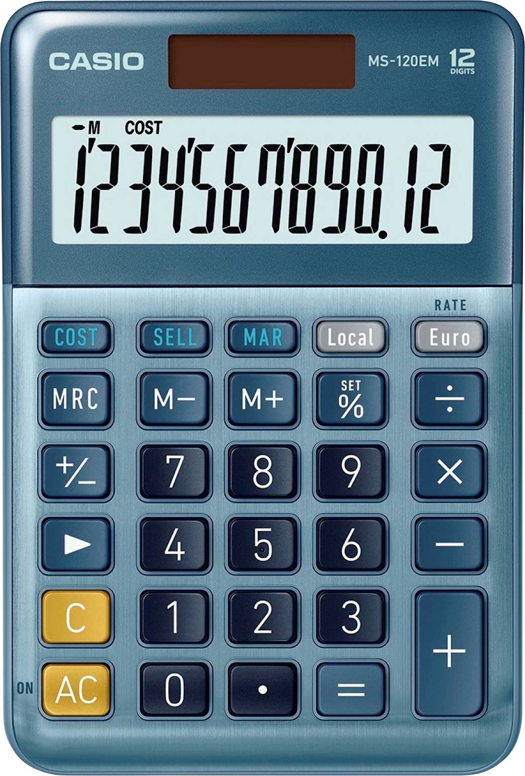 Ein blauer Casio-Taschenrechner mit einem 12-stelligen Display. Auf dem Display stehen Zahlen von 1 bis 0 und 0,12.