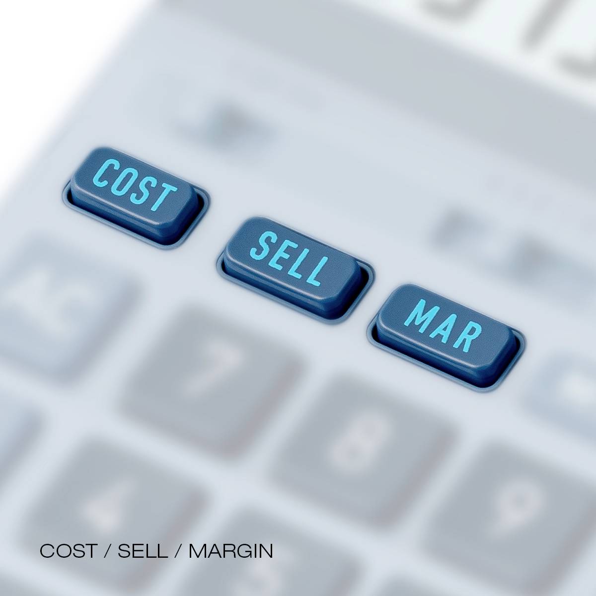 Taschenrechner-Tasten zeigen COST, SELL und MAR, die die Kosten-, Verkaufs- und Margenfunktionen für finanzielle Berechnungen darstellen.
