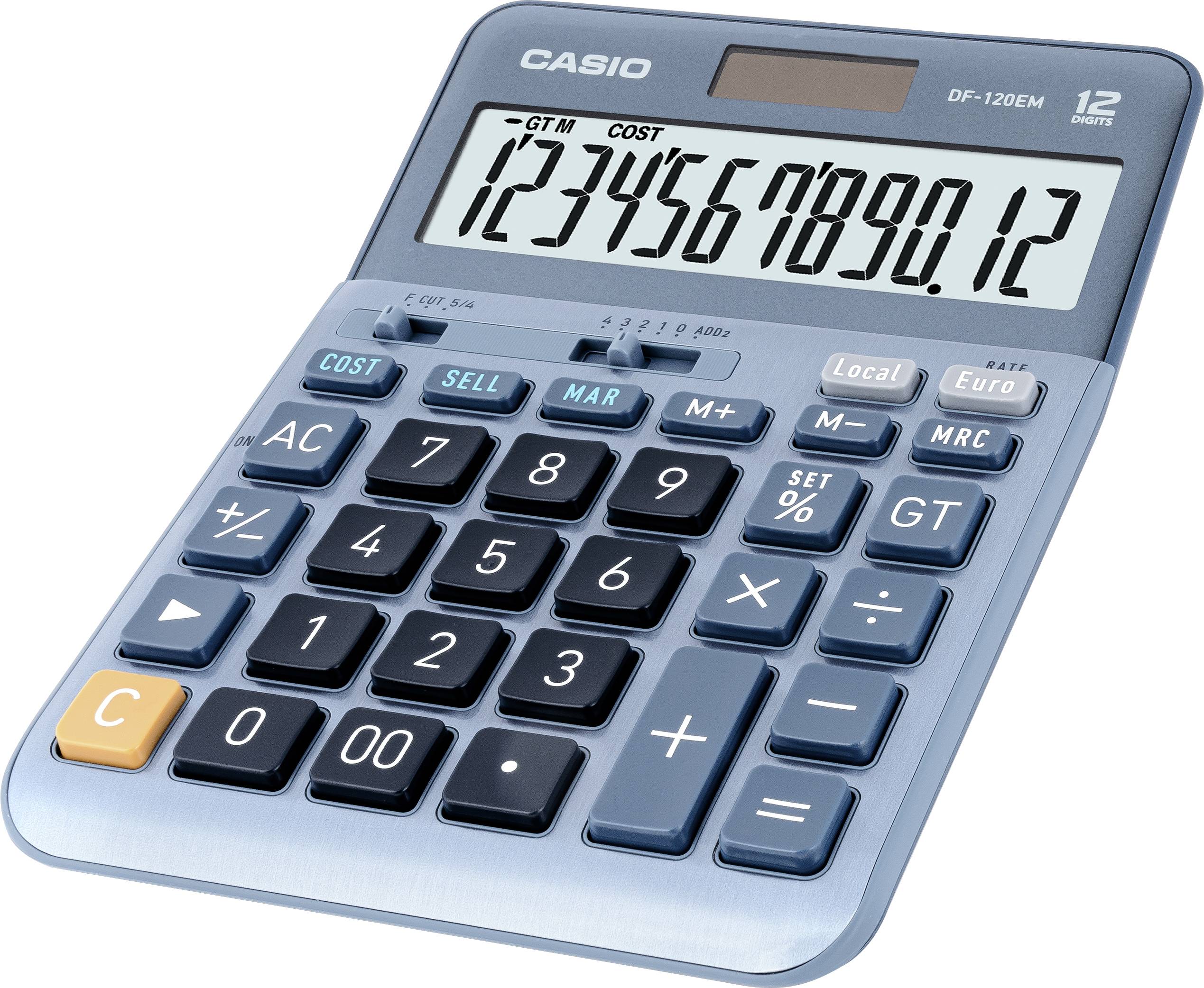 Blauer Taschenrechner mit großem Display zeigt die Zahlenreihe '1234567890.12'. Tasten haben verschiedene Funktionen, z.B. 'COST', 'SELL', 'MAR'.