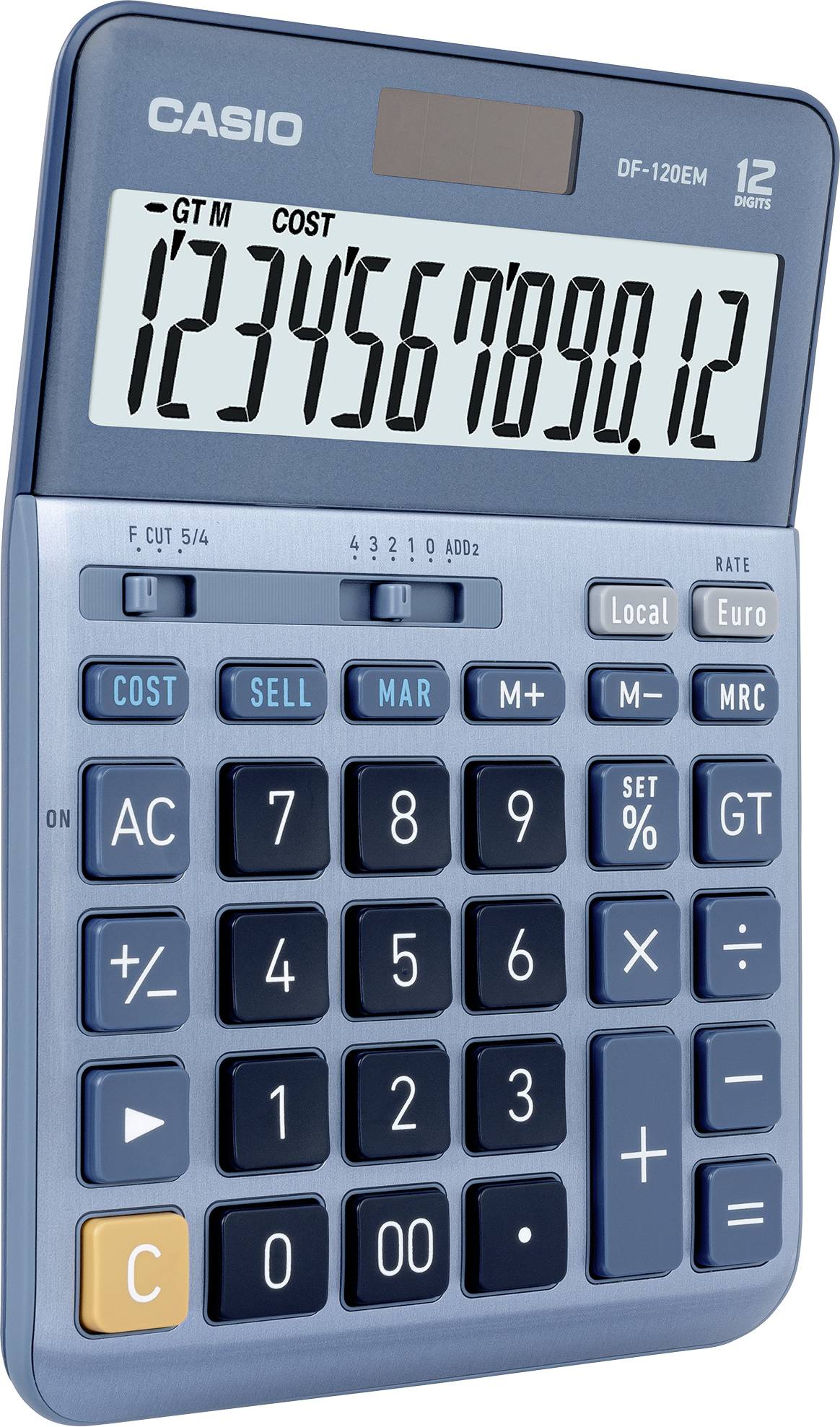 Ein blauer Casio-Taschenrechner mit großen Tasten. Das Display zeigt die Zahlenfolge '1234567890.12'.