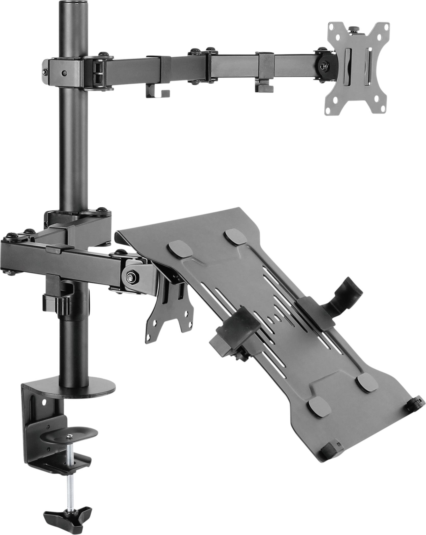 Ein höhenverstellbarer Monitor- und Laptop-Halter aus Metall mit zwei Schwenkarmen zur Befestigung an einem Tisch.