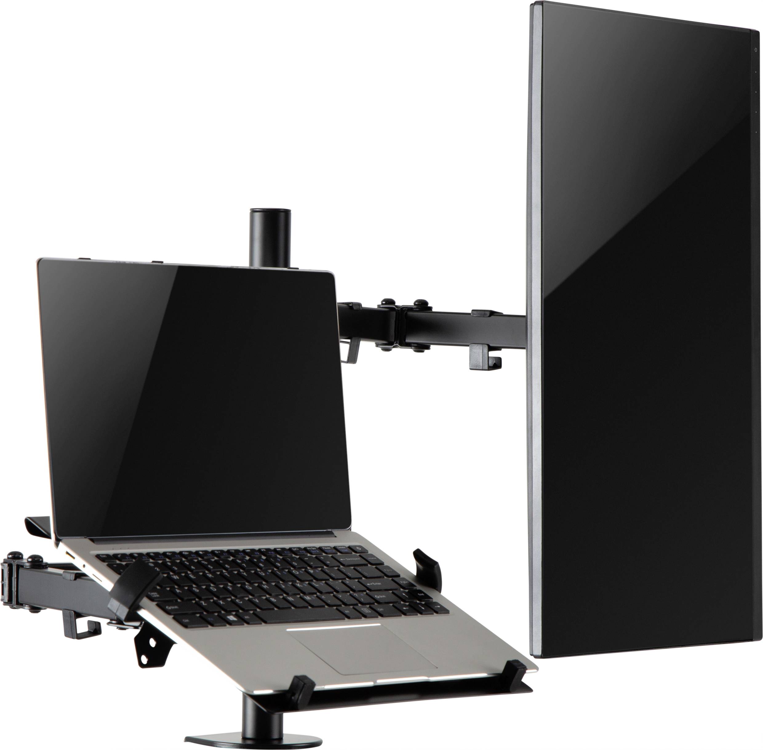 Ein Laptop und ein Flachbildmonitor sind nebeneinander an einem verstellbaren Halterarm befestigt.
