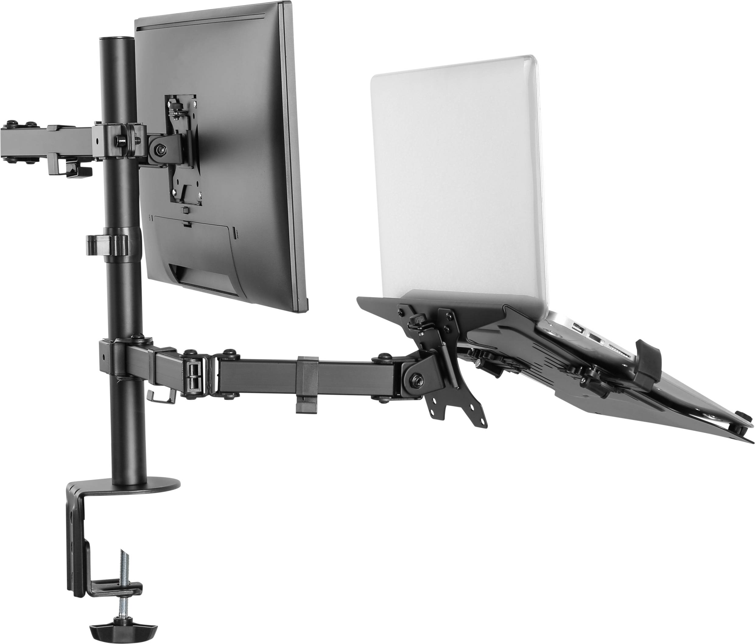 Ein schwarzer Dual-Monitor-Arm trägt einen Monitor und einen Laptop in flexibler Arbeitsposition, auf einem Tisch befestigt.