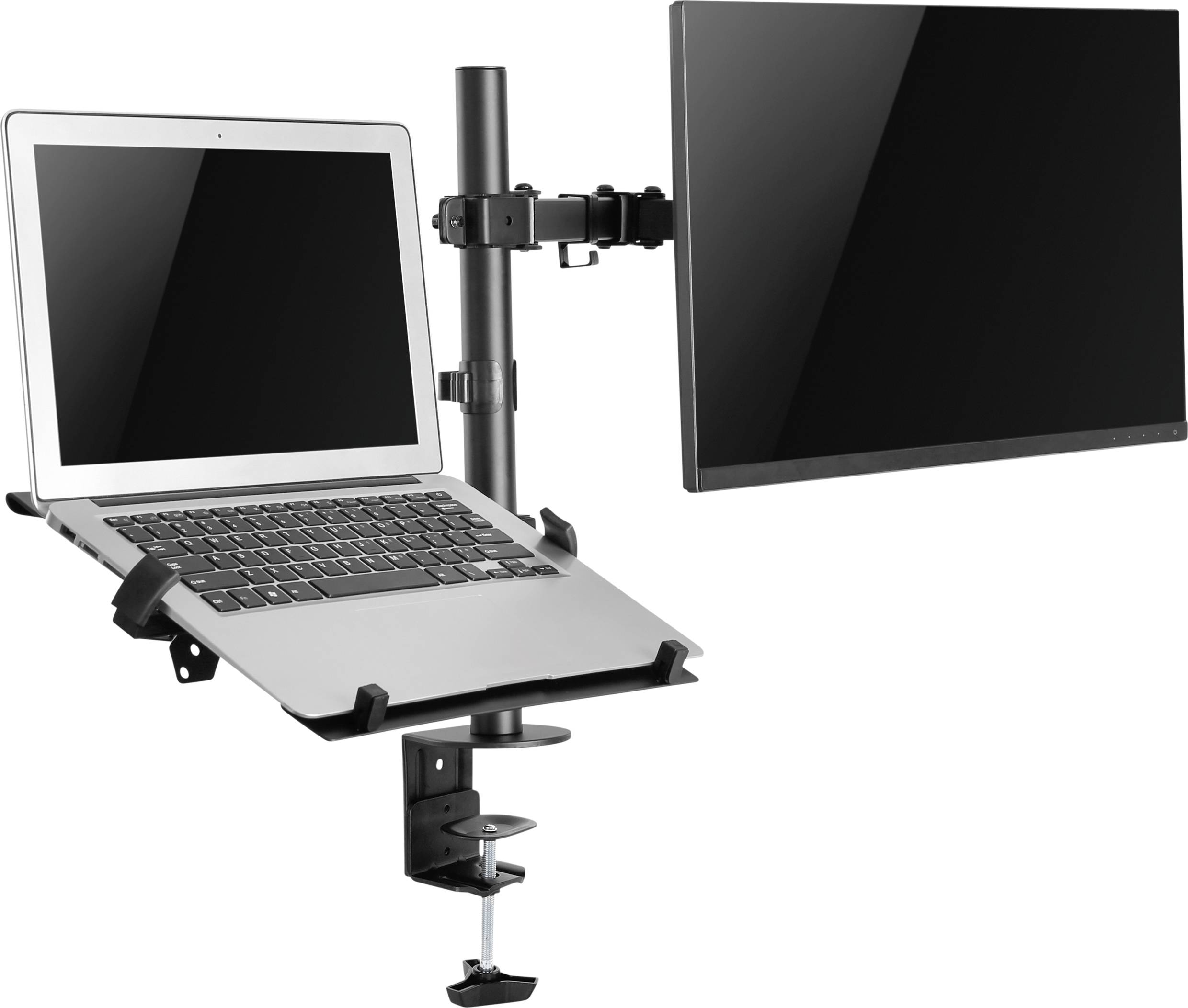 Laptop und Monitor auf einem doppelten Schreibtischhalter befestigt, bieten zusammen eine ergonomische Arbeitsstation.