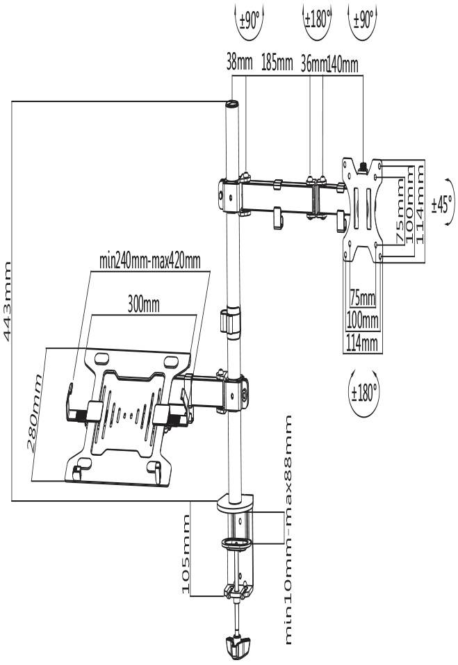Zeichnung eines verstellbaren Monitorarms mit Maßen: Höhe 443 mm, Breite 300 mm. Dreh- und Neigungswinkel sind angegeben.