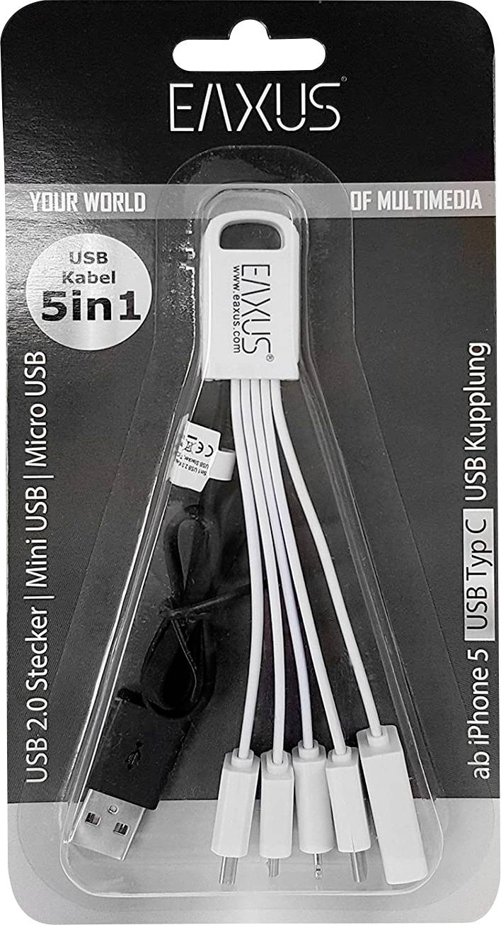 Eaxus 5in1 USB 2.0 Ladekbael mit Mini, Micro USB Stecker, Typ C, 8-pin, Kupplung Ladekabel