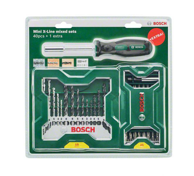 'Bosch Mini X-Line mixed sets' enthält 40 Teile + 1 extra. Enthält Schraubendrehergriff, Bohrer und Schraubendrehereinsätze in Verpackung.