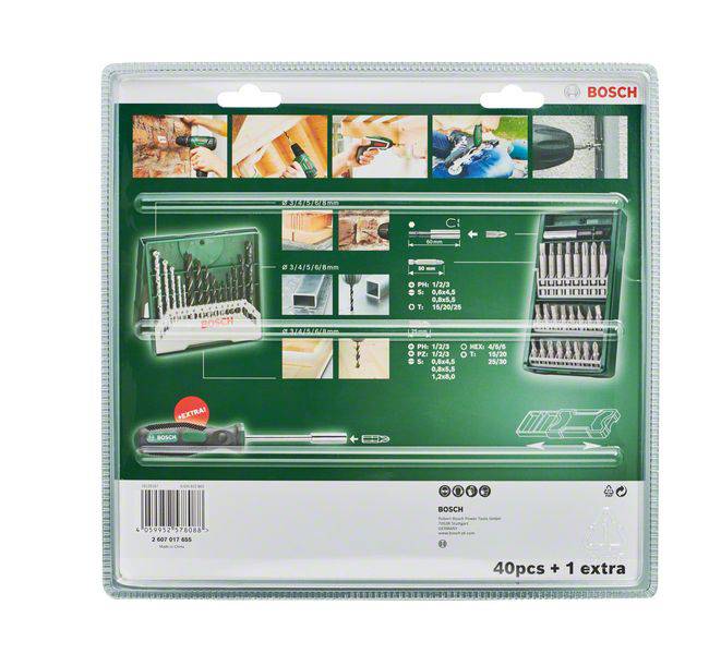 Der Beutel enthält ein 40-teiliges Werkzeugset von BOSCH, inkl. Schraubendrehern und Bohrergrößenübersicht mit Bildern zur Anwendung.