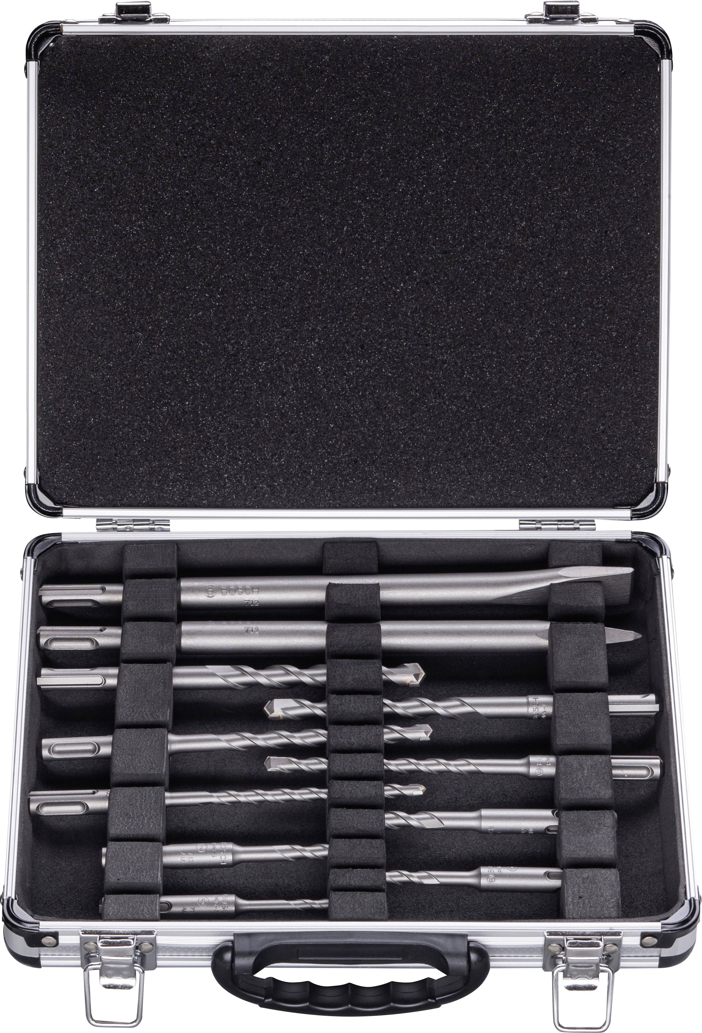 Ein offener Koffer mit verschiedenen Bohr- und Meißelaufsätzen, ordentlich in abgestimmten Fächern eingeordnet.